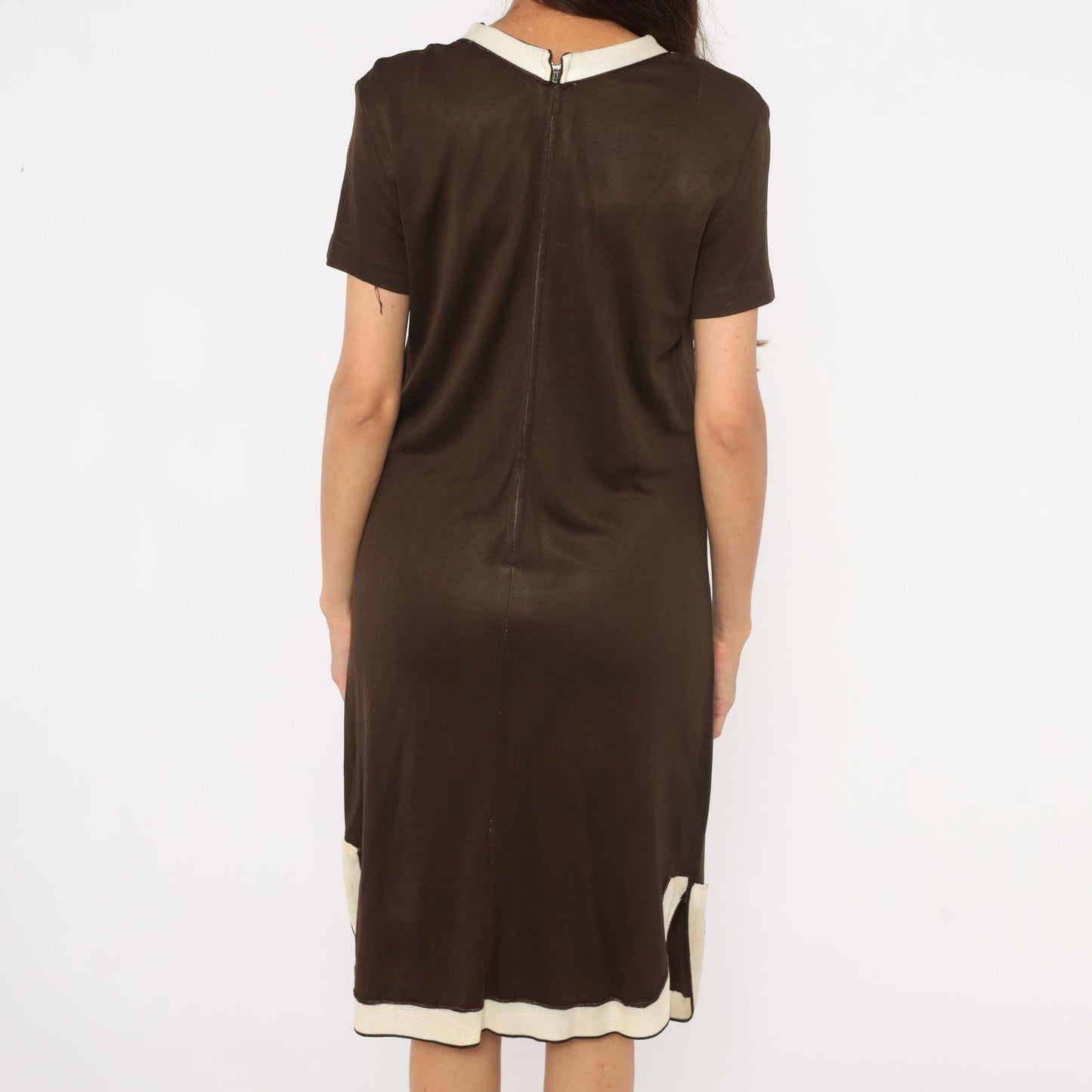 60s Mod Shift Dress Brown Cream Striped V Panel Short Sleeve Large L