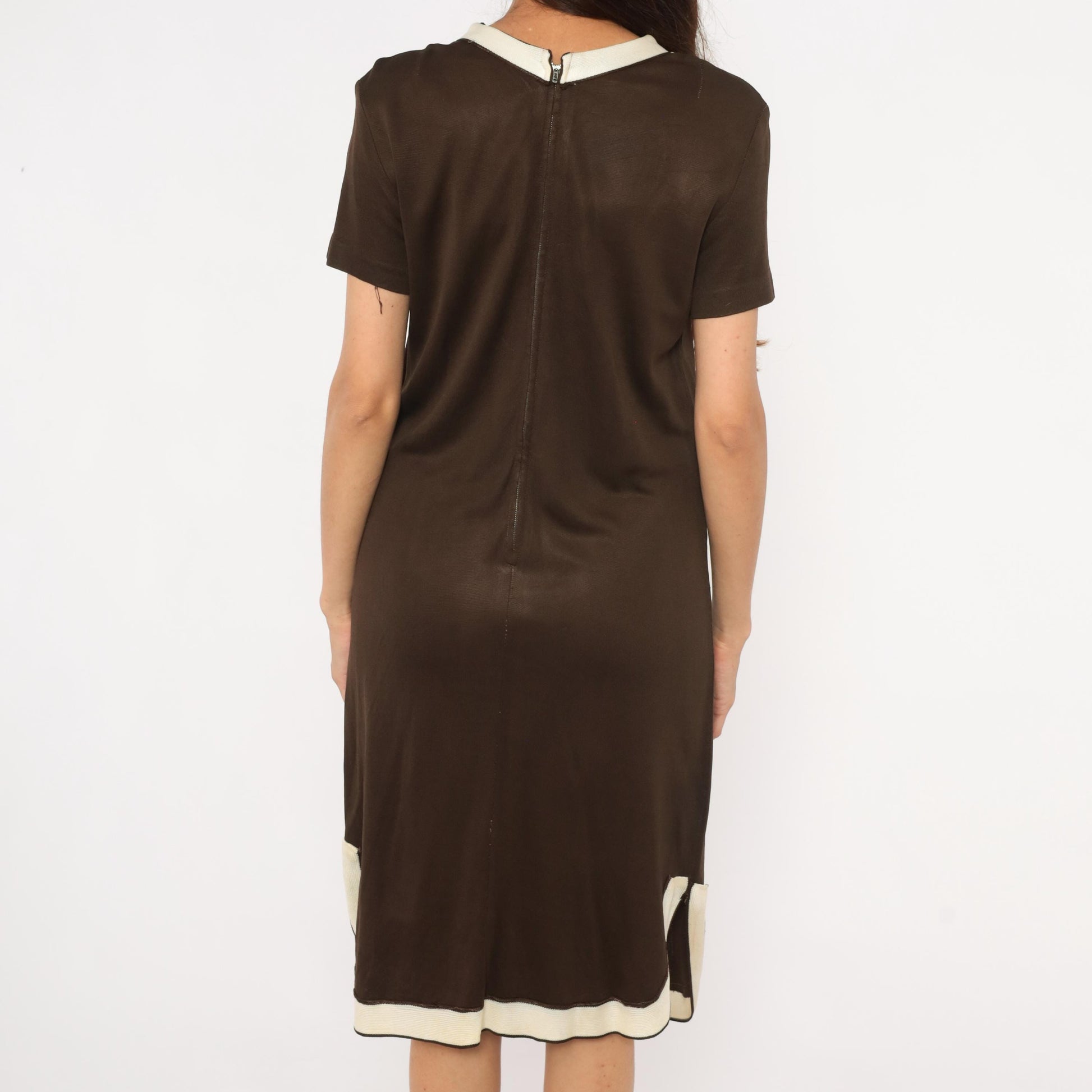 60s Mod Shift Dress Brown Cream Striped V Panel Short Sleeve Large L