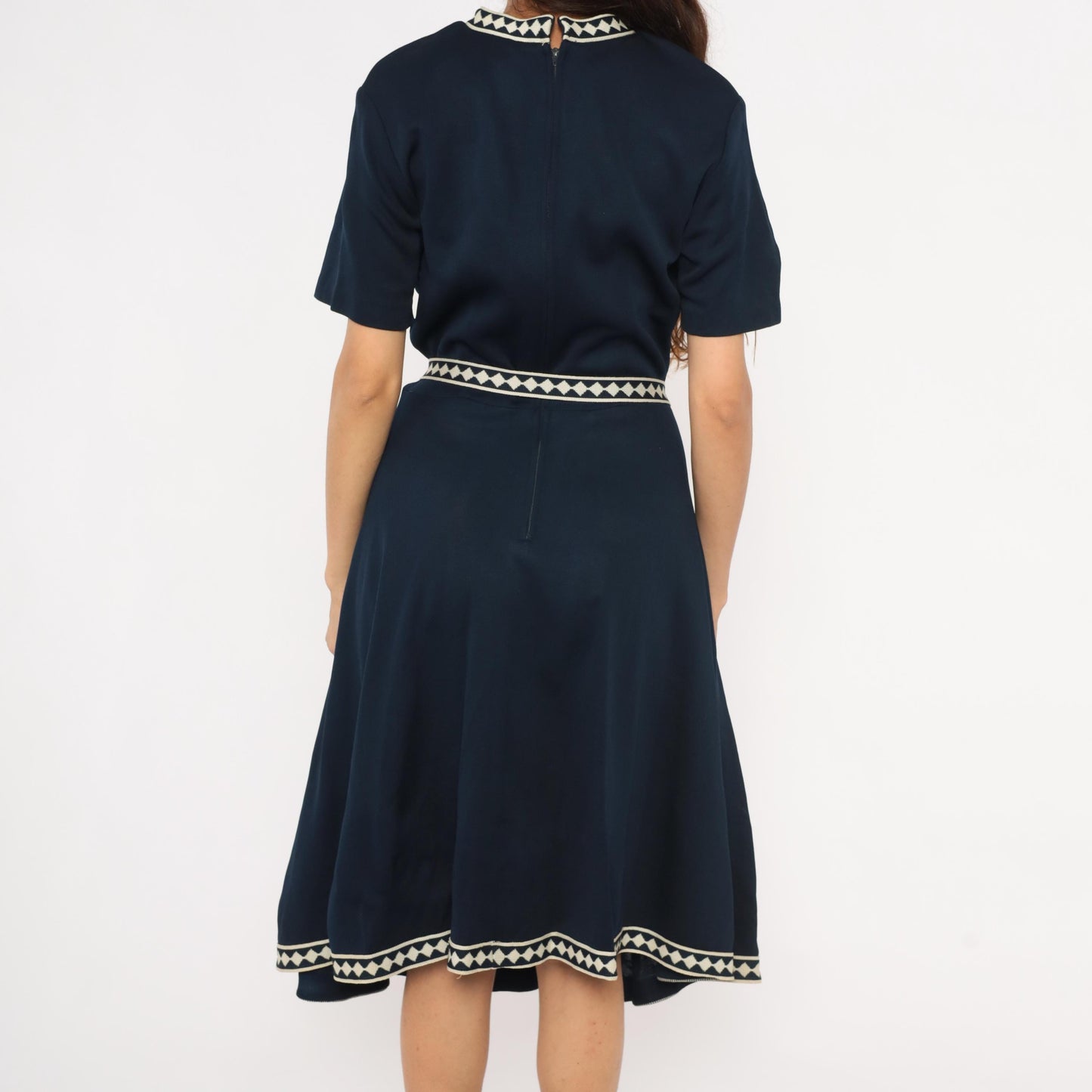 60s Marta D Navy A-Line Dress Cream Diamond Trim Belted Midi Large L