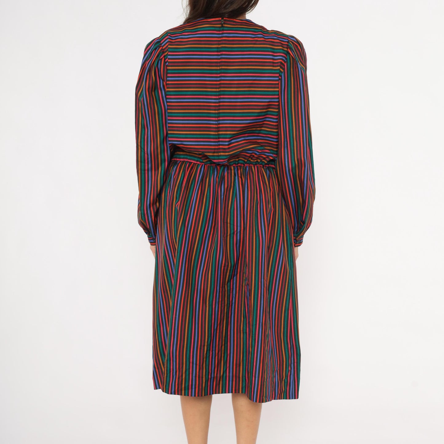 80s DW3 Multicolor Chevron Stripe Dress Puff Sleeve Gathered Waist Large