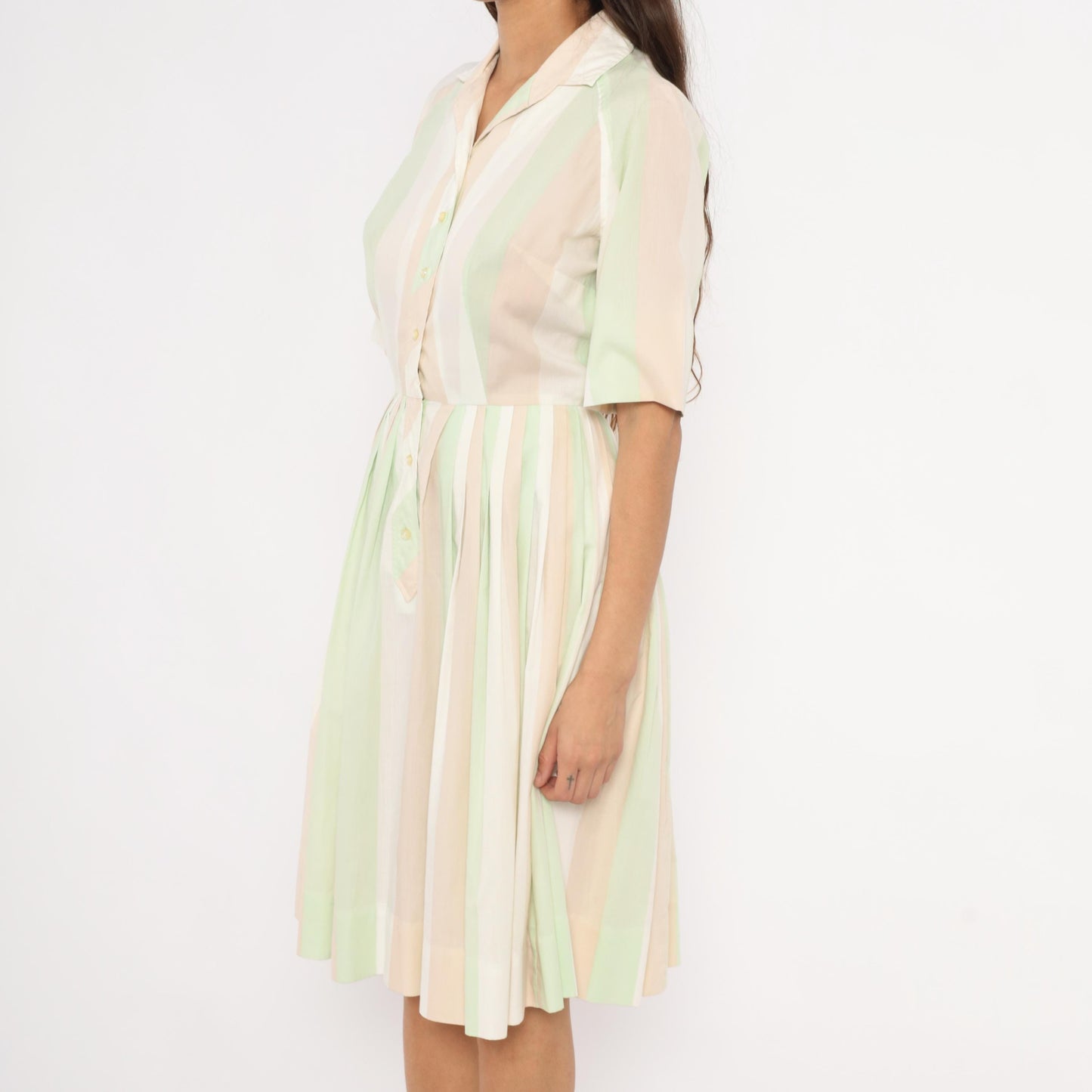 60s Pastel Striped Shirtdress Mint Green Pink Button Front Knee Length Medium
