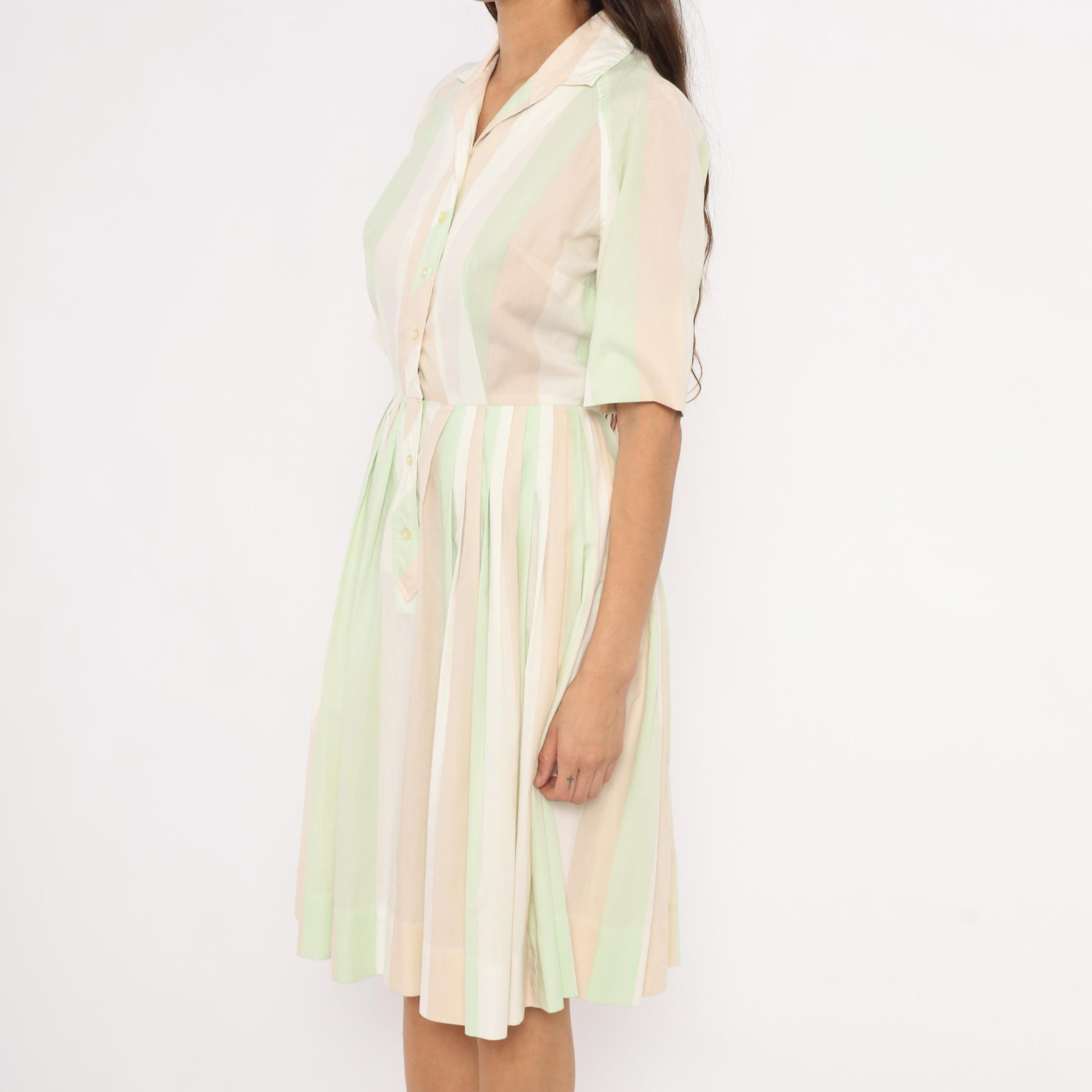 60s Pastel Striped Shirtdress Mint Green Pink Button Front Knee Length Medium