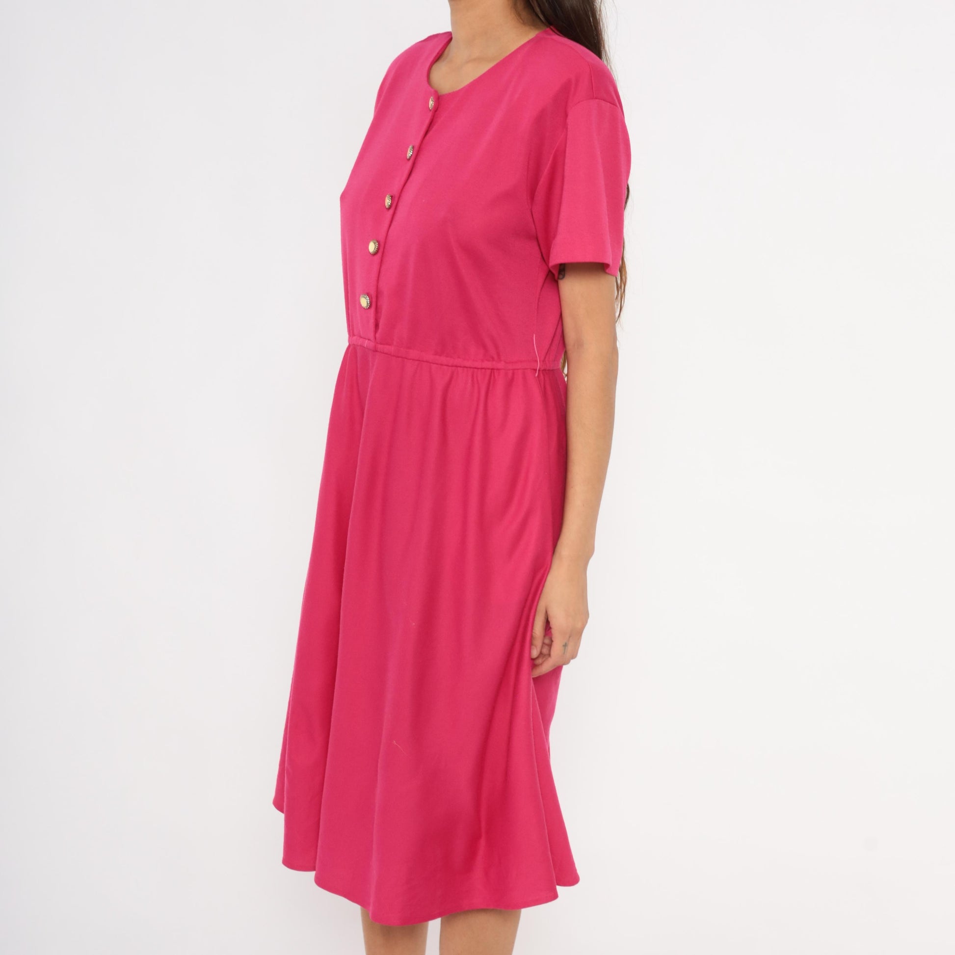 80s Fuchsia Button-Front Midi Dress Gold Buttons Gathered Waist Small