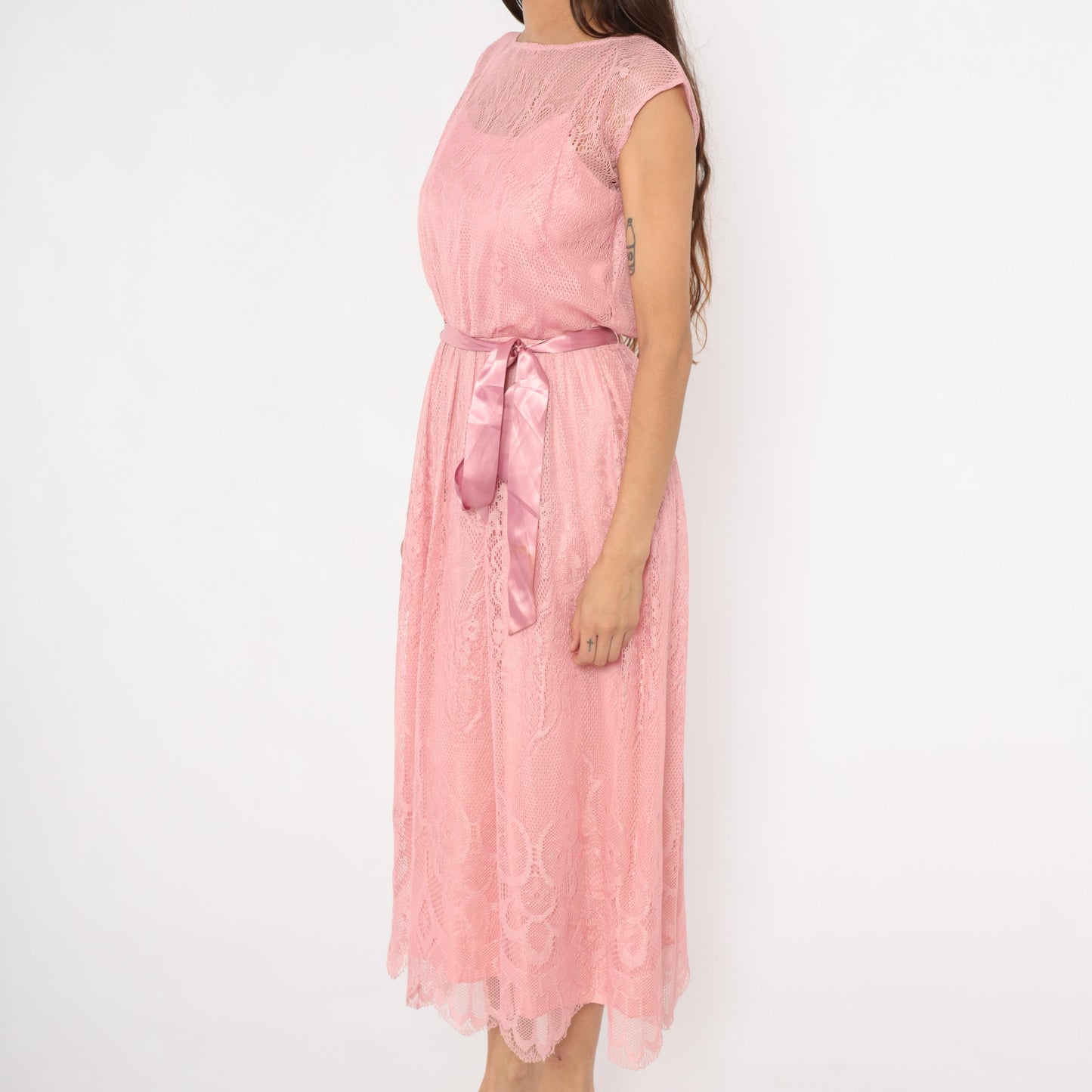 80s Rose Pink Lace Midi Dress Cap Sleeve Scalloped Hem Small S