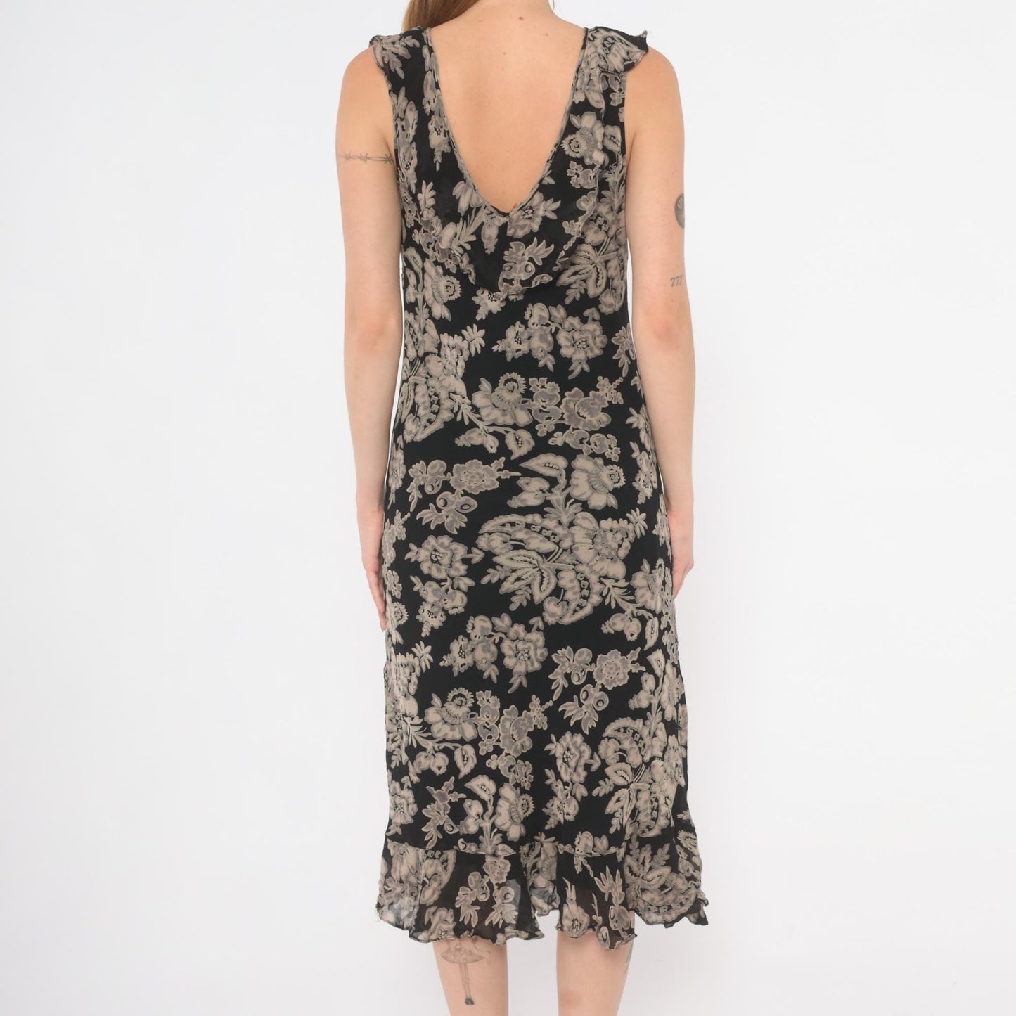 90s Black Grey Floral Midi Dress V-Neck Ruffle Chiffon Medium M