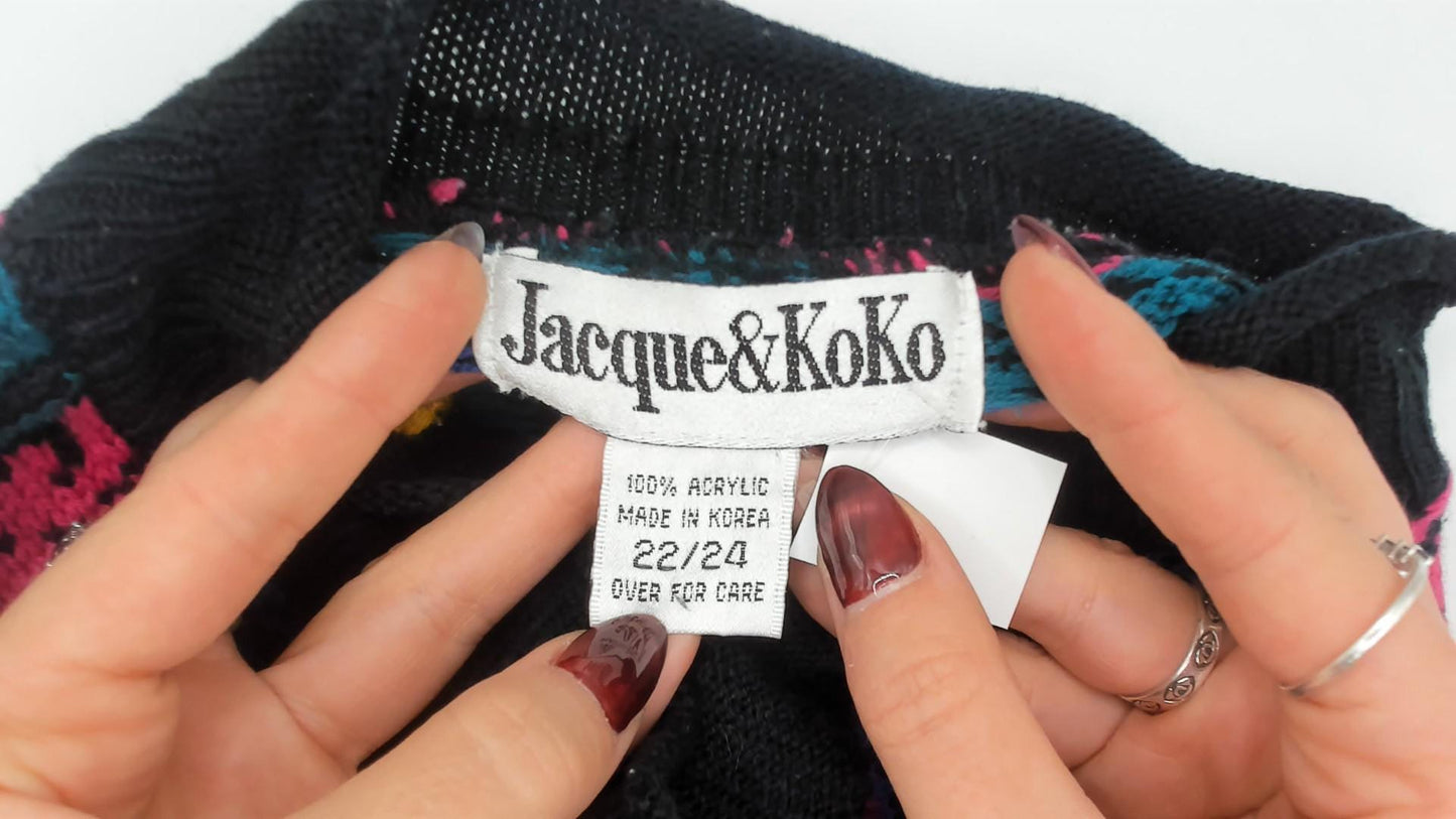 90s Jacque & Koko Jacquard Knit Sweater Teal Scroll Pattern Crew Neck Extra Large XL