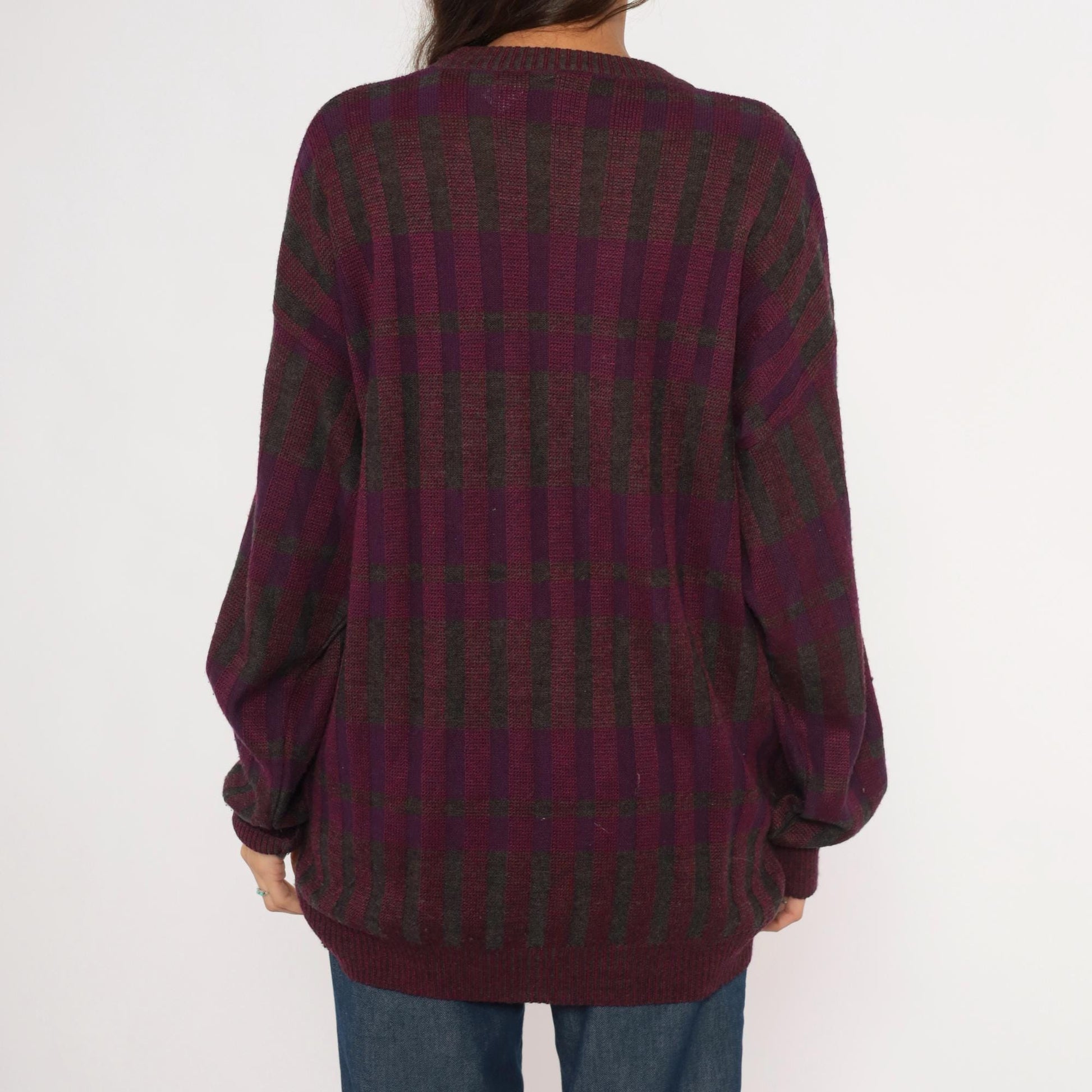 80s Gea Plaid Knit Sweater Burgundy Purple Grey Crewneck Extra Large XL