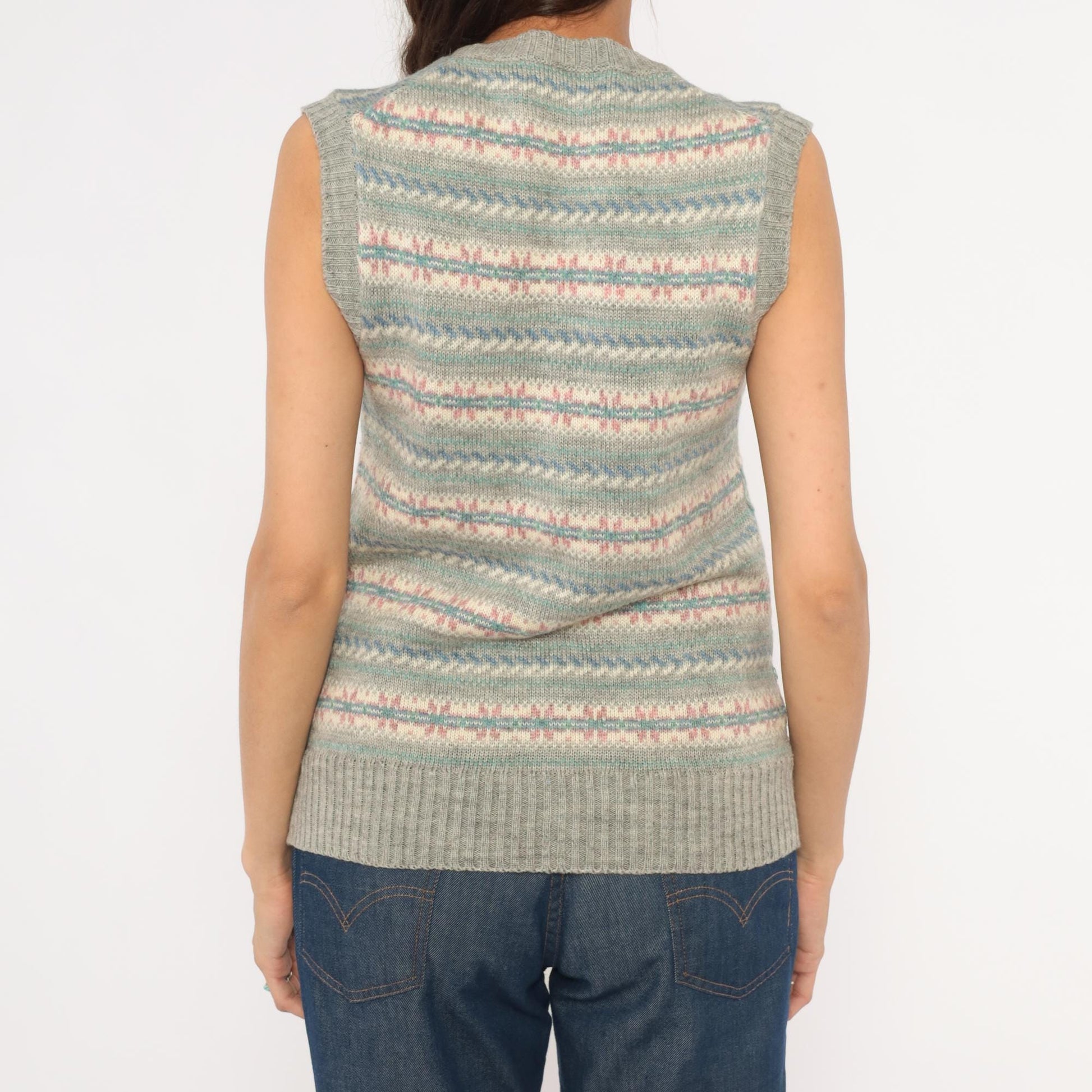 80s JJ McWays Fair Isle Sweater Vest Wool Blend Grey Pink Blue Small