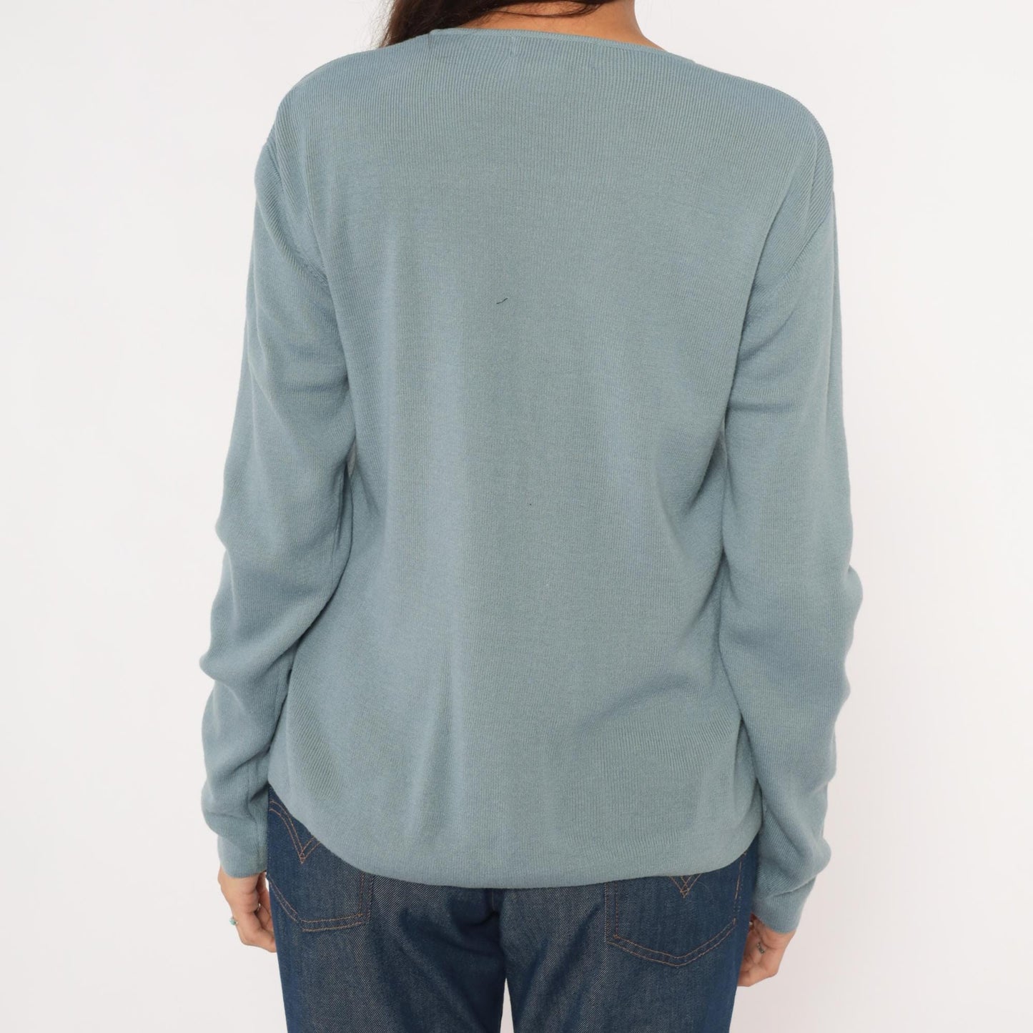 Saks Fifth Avenue 90s Powder Blue Cardigan Embroidered Floral Beaded Medium