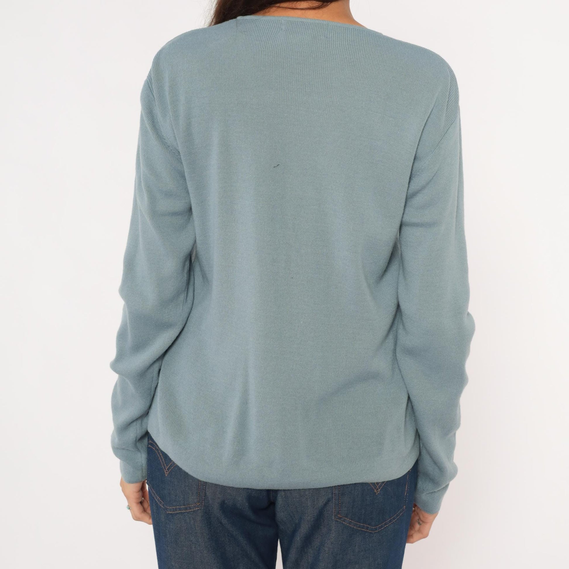 Saks Fifth Avenue 90s Powder Blue Cardigan Embroidered Floral Beaded Medium