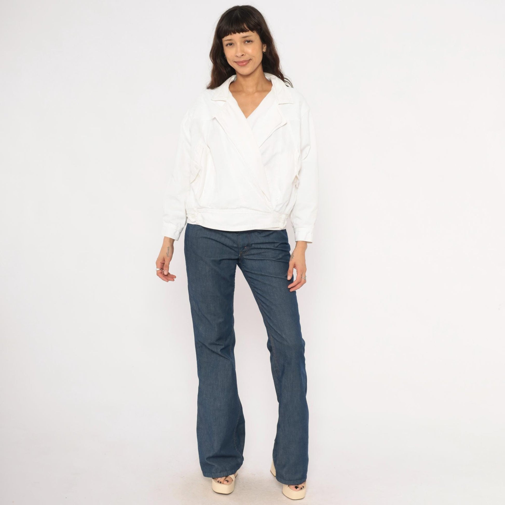 80s Together White Cotton Wrap Jacket Cropped Blouson Medium M