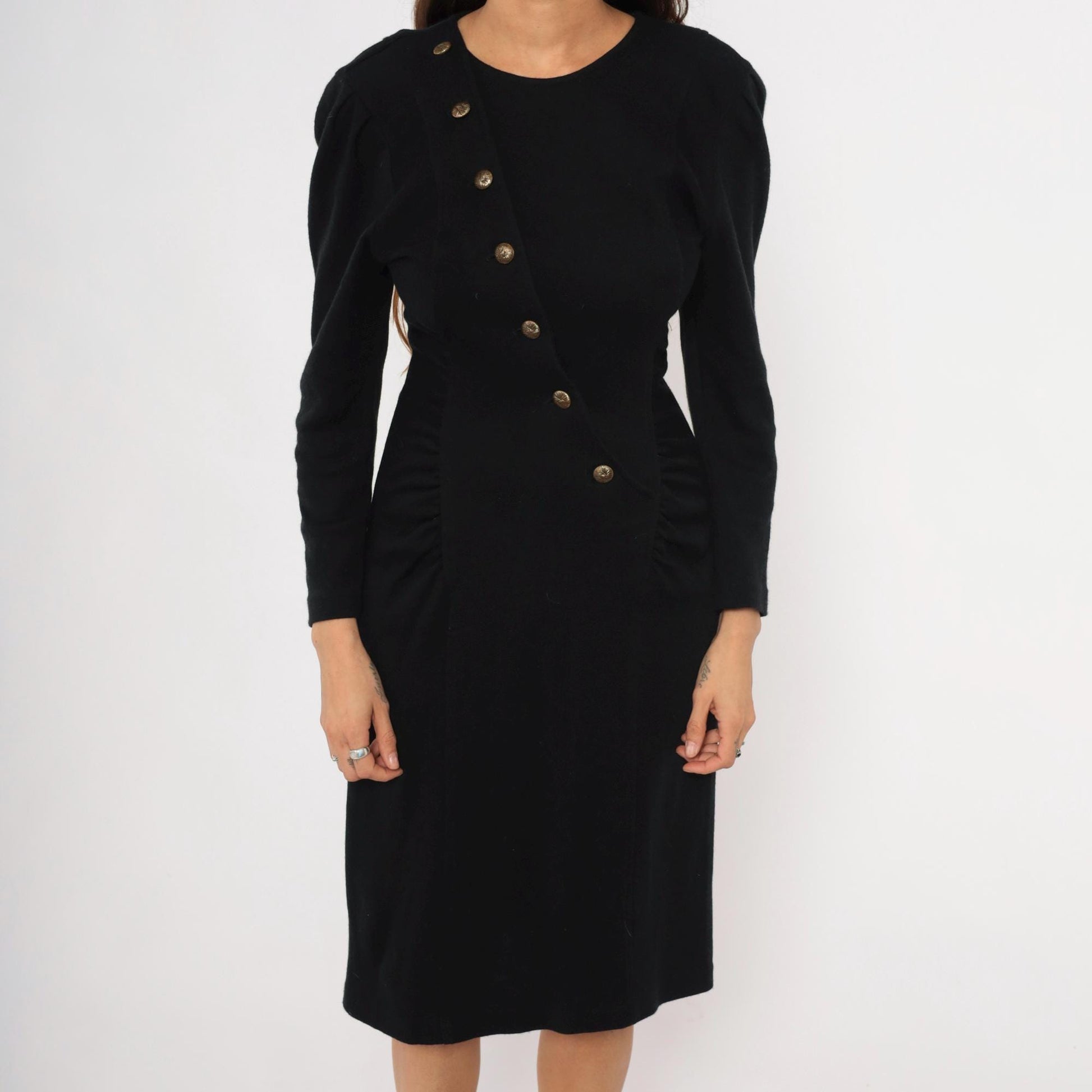 80s All That Jazz Black Puff Sleeve Dress Gold Buttons Ruched Waist Small S
