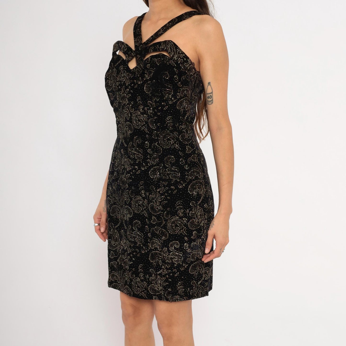 90s Roberta Black Velvet Gold Glitter Paisley Mini Dress Cutout Small S