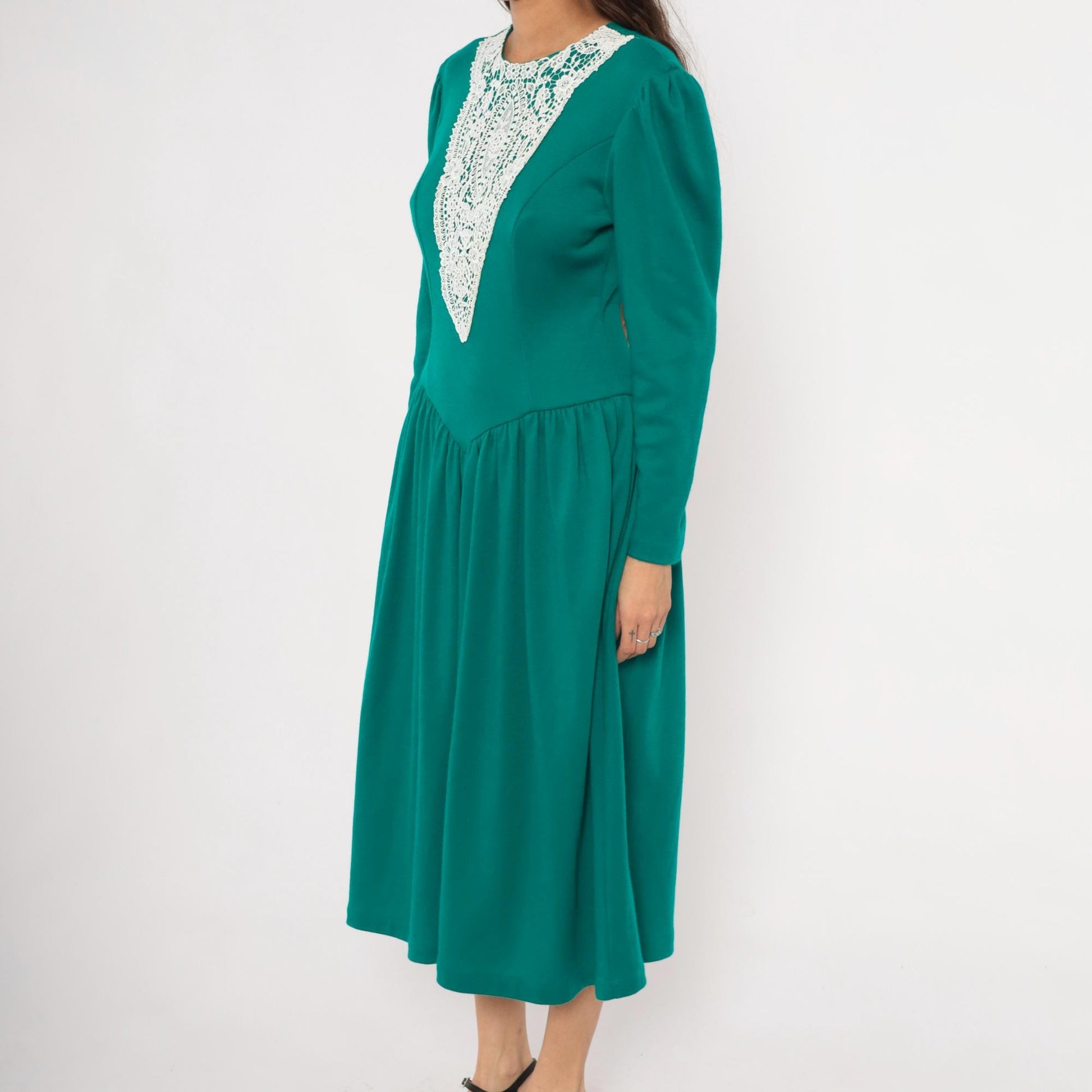 80s Expo Teal Midi Dress Lace Bib Puff Sleeve Fitted Bodice Medium M