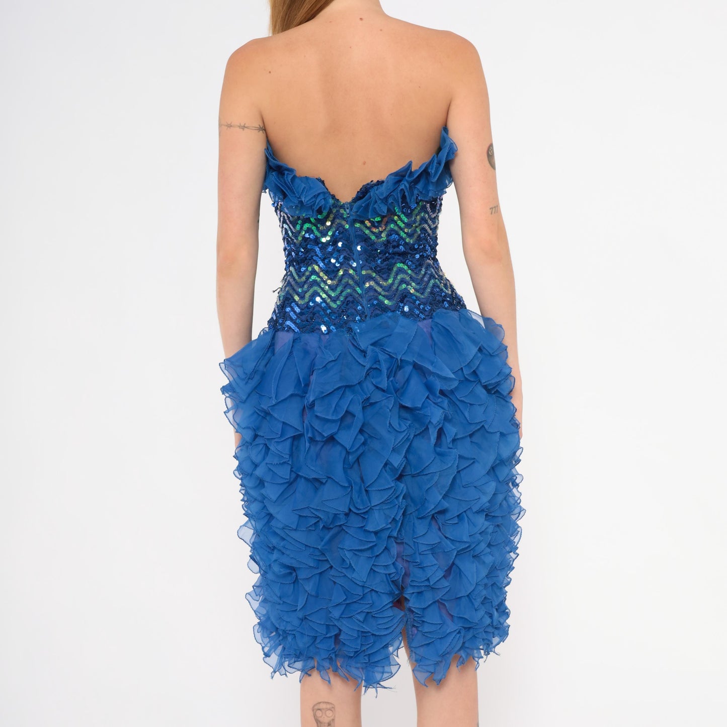 80s Cobalt Sequin Strapless Dress Chevron Sweetheart Corset Ruffle Extra Small XS