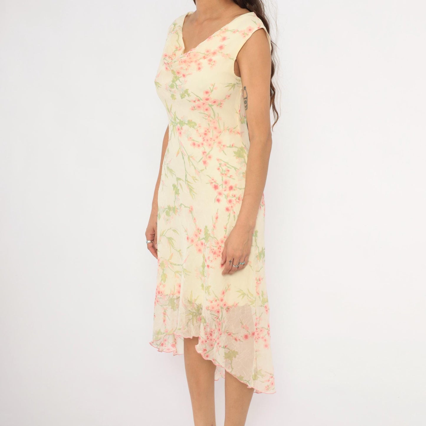 90s City Triangles Cherry Blossom Chiffon Dress Pink Cream Medium M