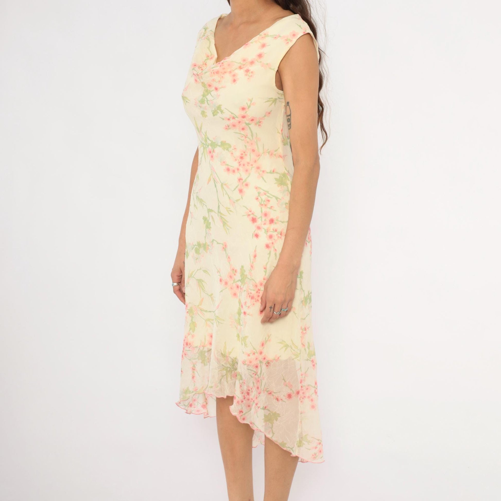 90s City Triangles Cherry Blossom Chiffon Dress Pink Cream Medium M