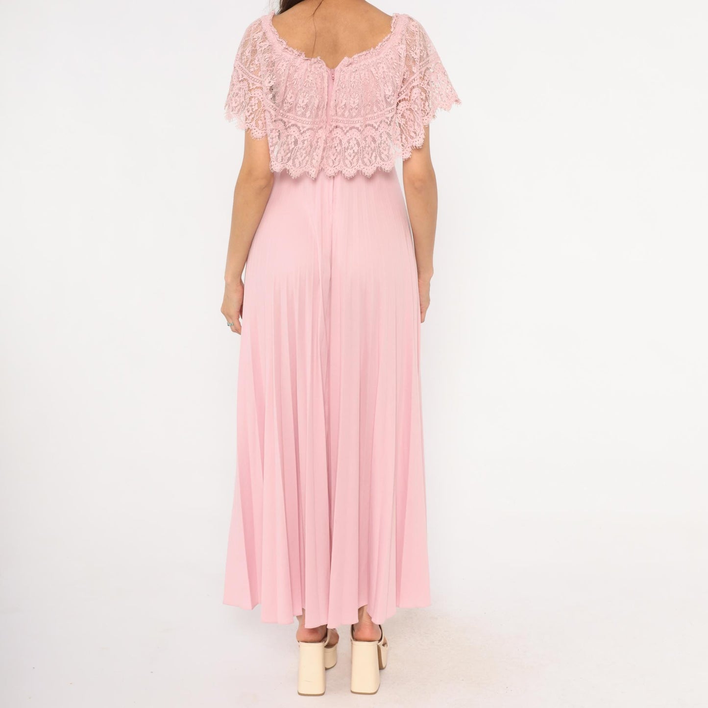 70s Pink Lace Cape Maxi Dress Scalloped Flutter Sleeve Accordion Pleated Small S
