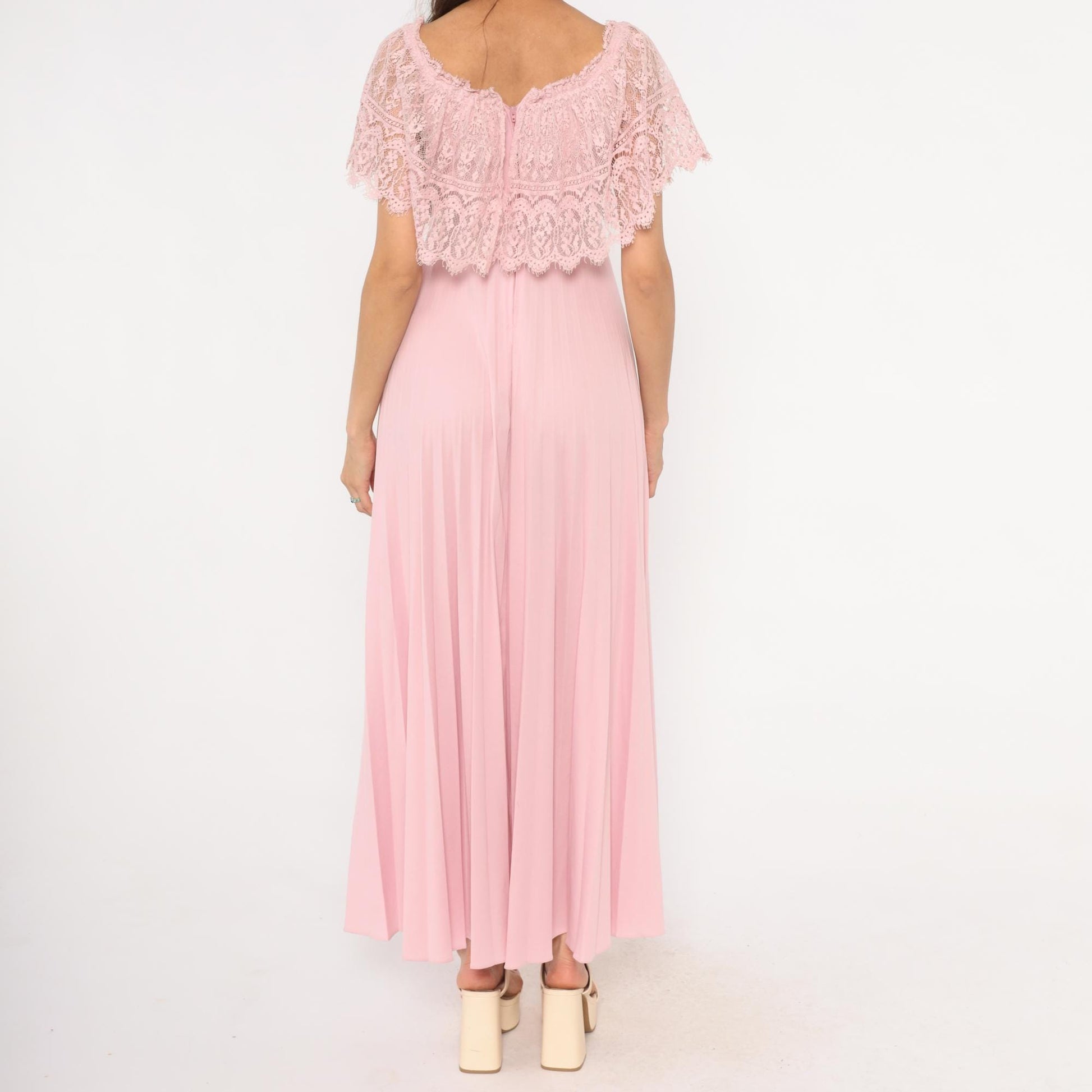 70s Pink Lace Cape Maxi Dress Scalloped Flutter Sleeve Accordion Pleated Small S