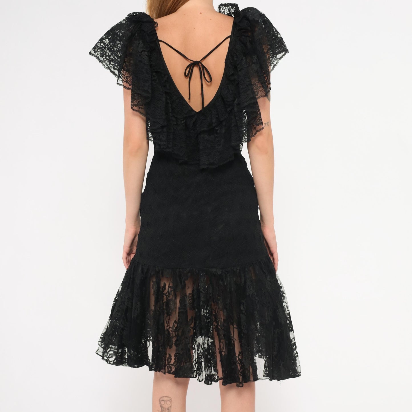 90s Lou Gene's Black Lace Dress Flutter Sleeve Open Back Knee-Length Small S
