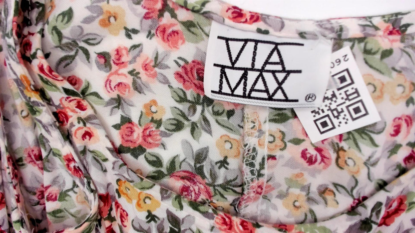 90s ViaMax Floral Mini Dress Button Front Tank Cream Rose Print Small S
