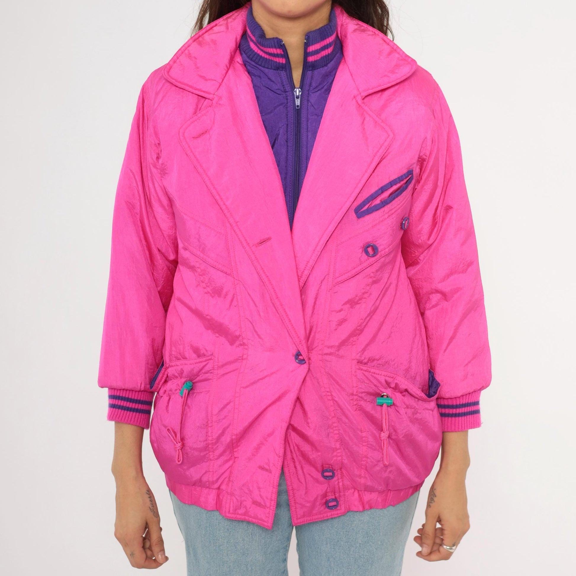 90s Survival Club Hot Pink Nylon Windbreaker Double Breasted Purple Lined XS