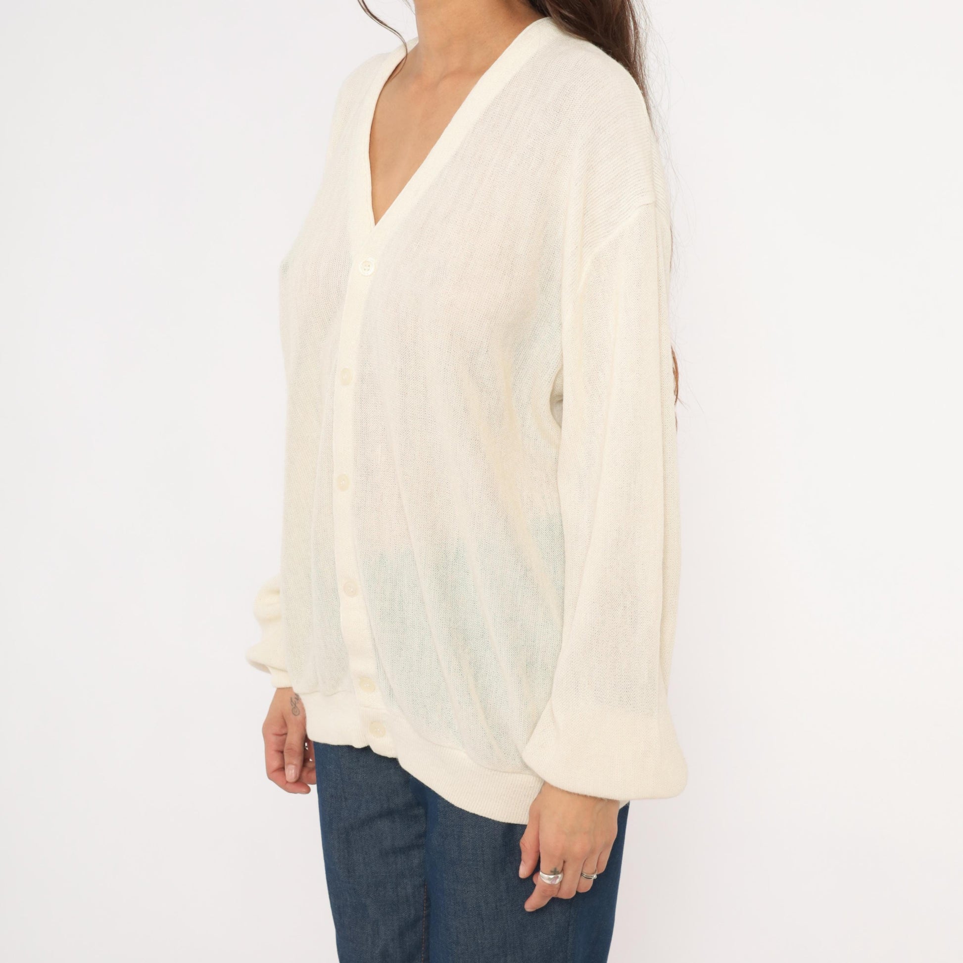 80s Jantzen Ivory Sheer Knit Cardigan V-Neck Button-Up Cream Large L