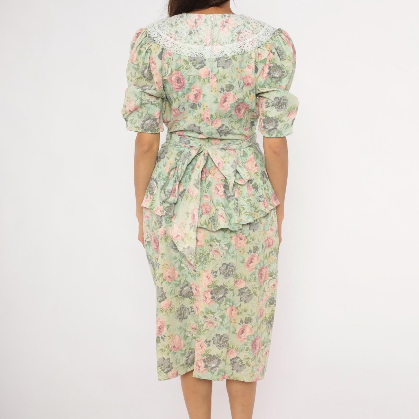 90s Sage Floral Peplum Dress Pink Rose Lace Collar Puff Sleeve Medium M