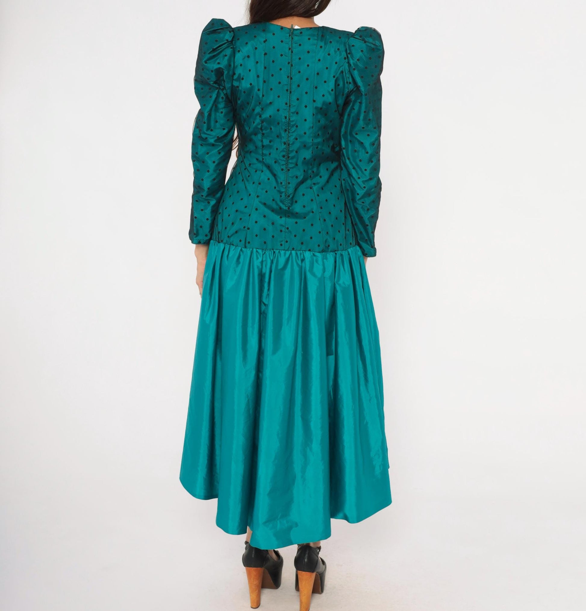80s Milt Russell Original Teal Polka Dot Puff Sleeve Gown High-Low Medium M