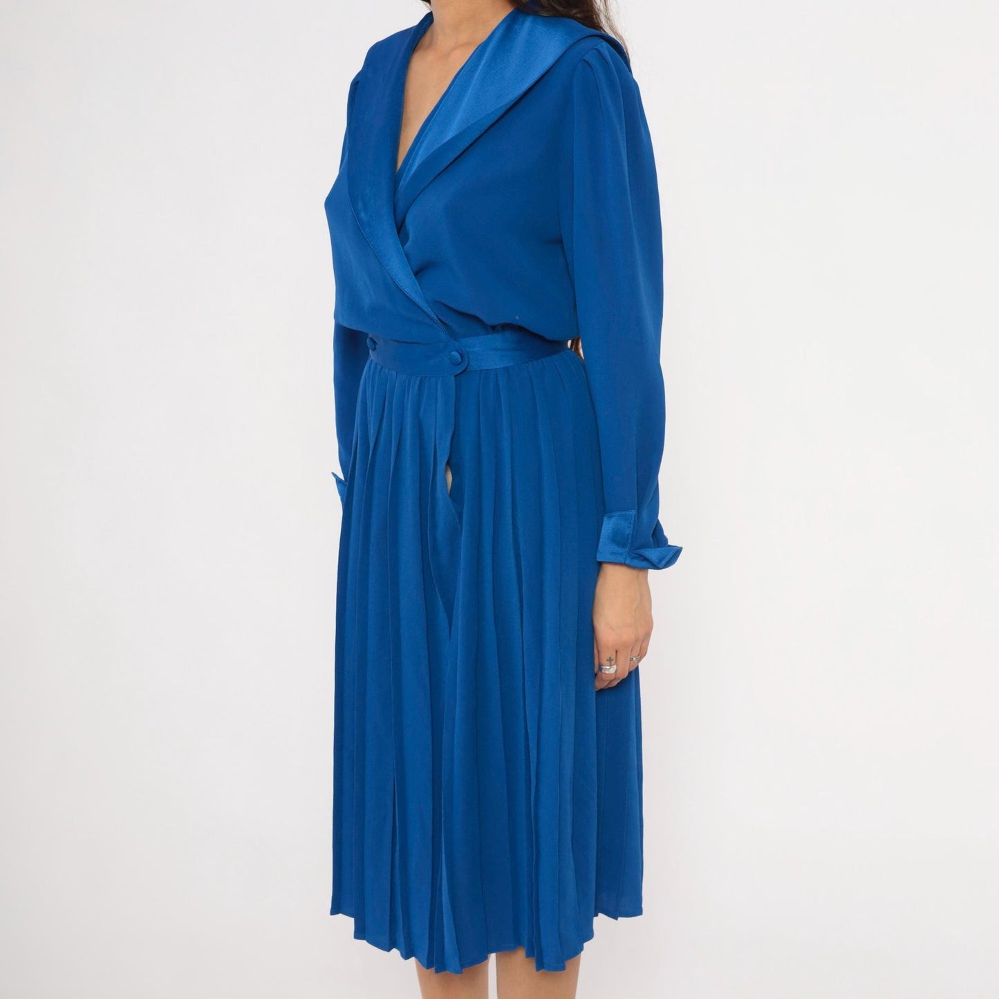 90s Petites for Maggy Cobalt Wrap Dress Puff Sleeve Pleated Knee-Length Medium
