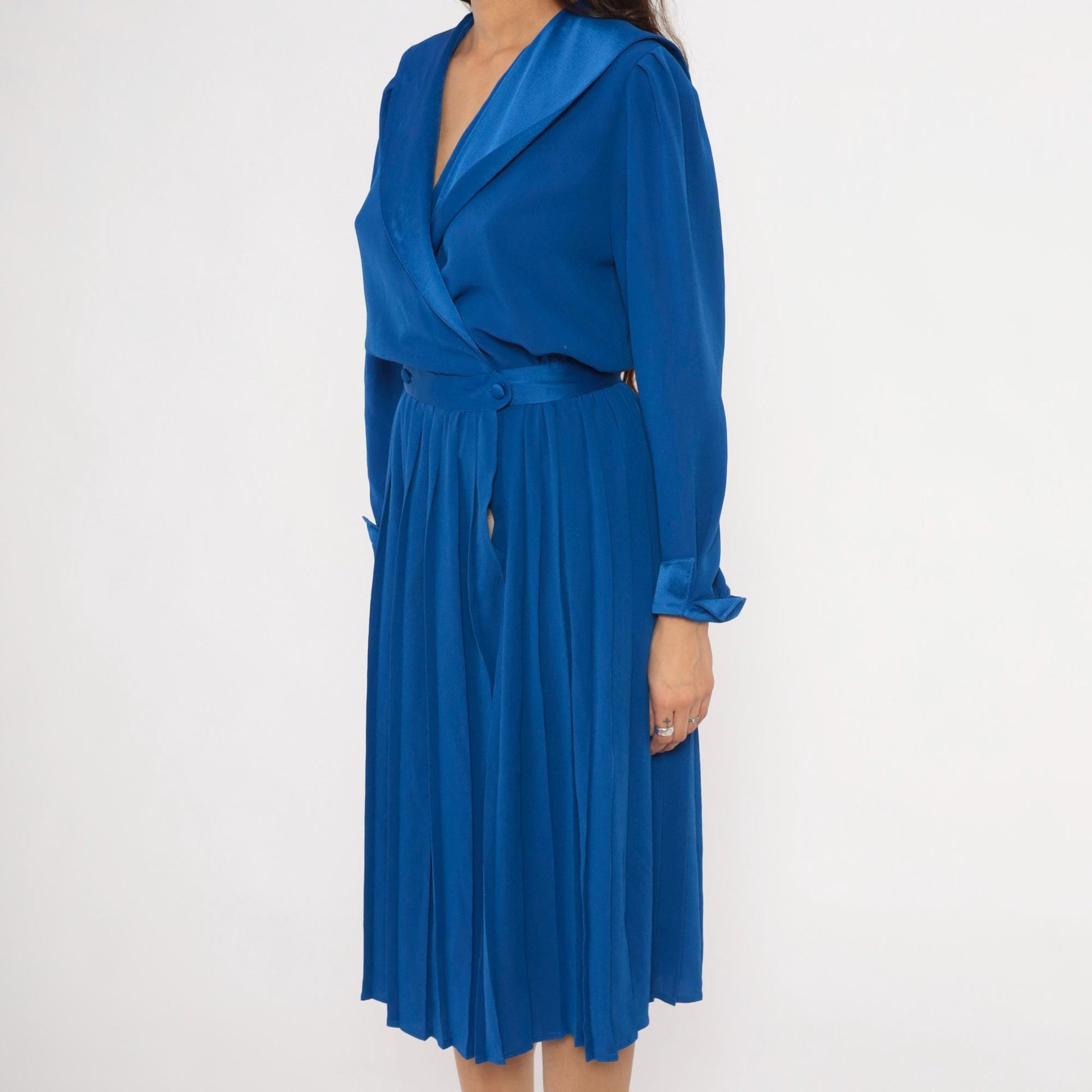 90s Petites for Maggy Cobalt Wrap Dress Puff Sleeve Pleated Knee-Length Medium