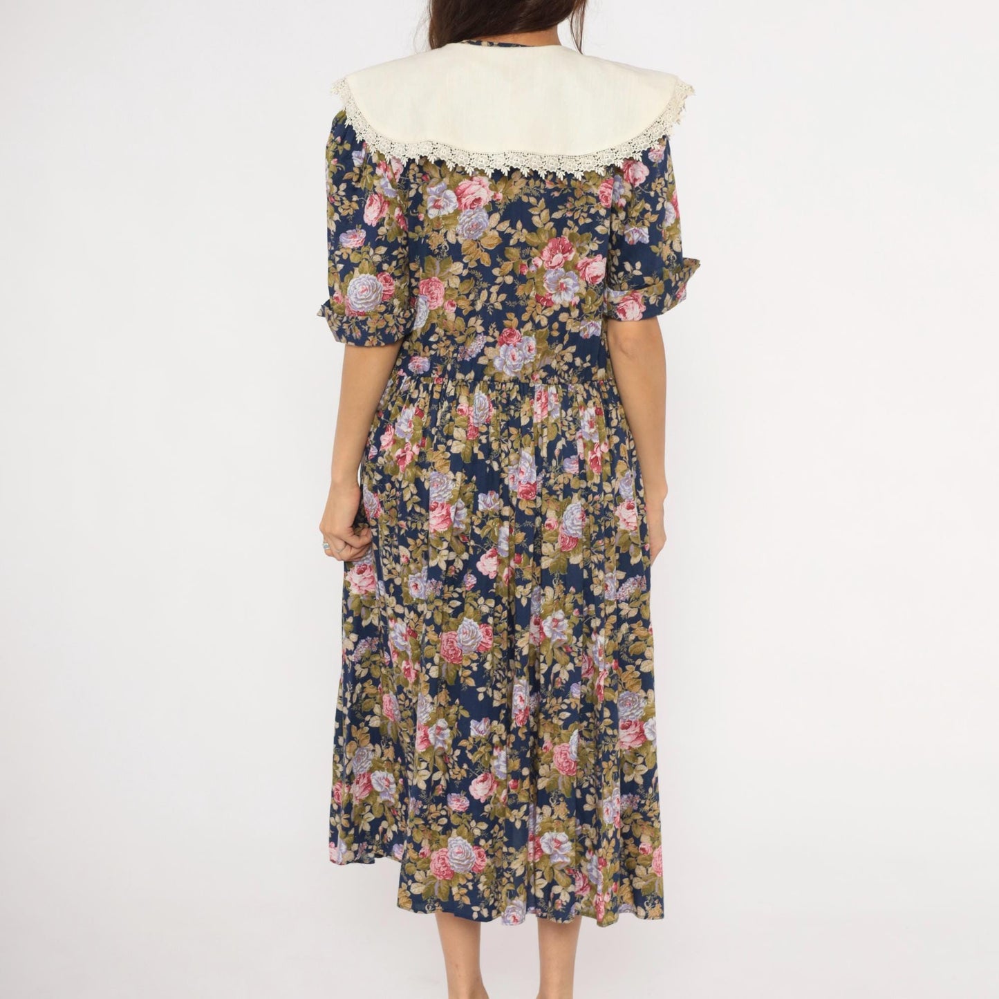 80s Tina Barri Floral Midi Dress Navy Rose Lace Collar Short Sleeve Extra Large