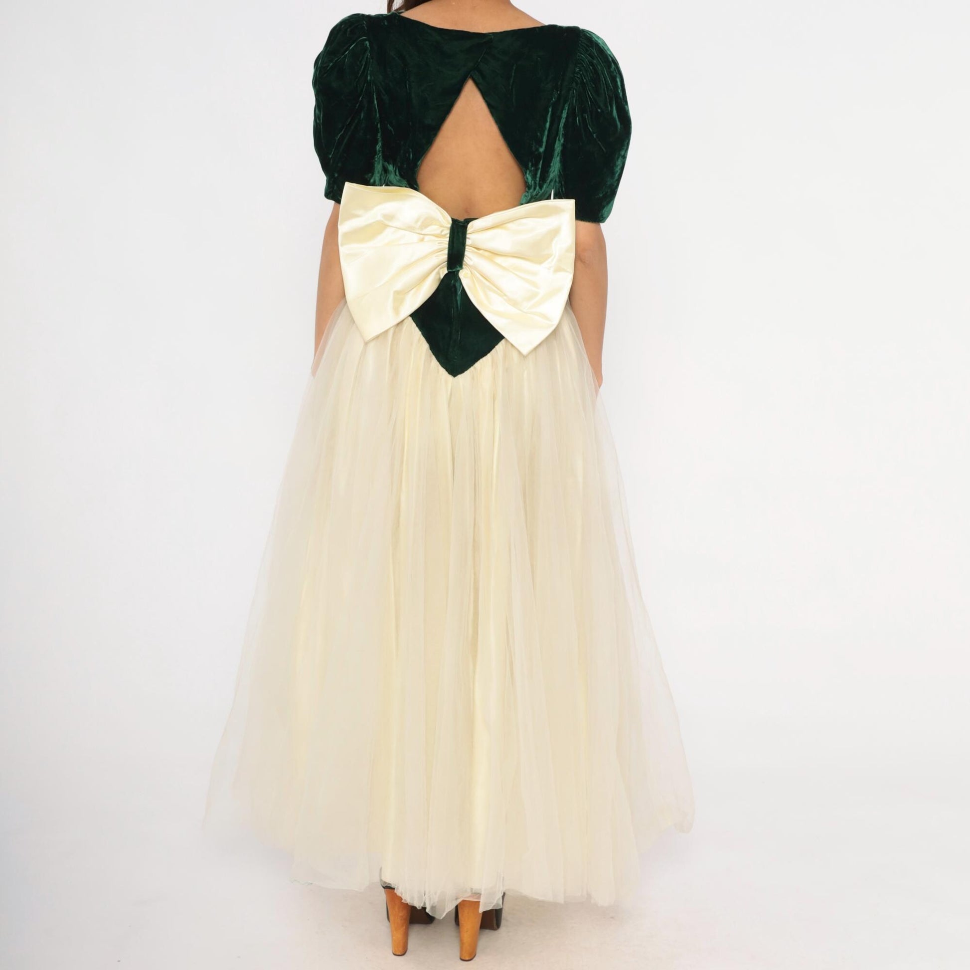 80s Emerald Velvet Puff Sleeve Gown Cream Tulle Skirt Basque Waist Medium M