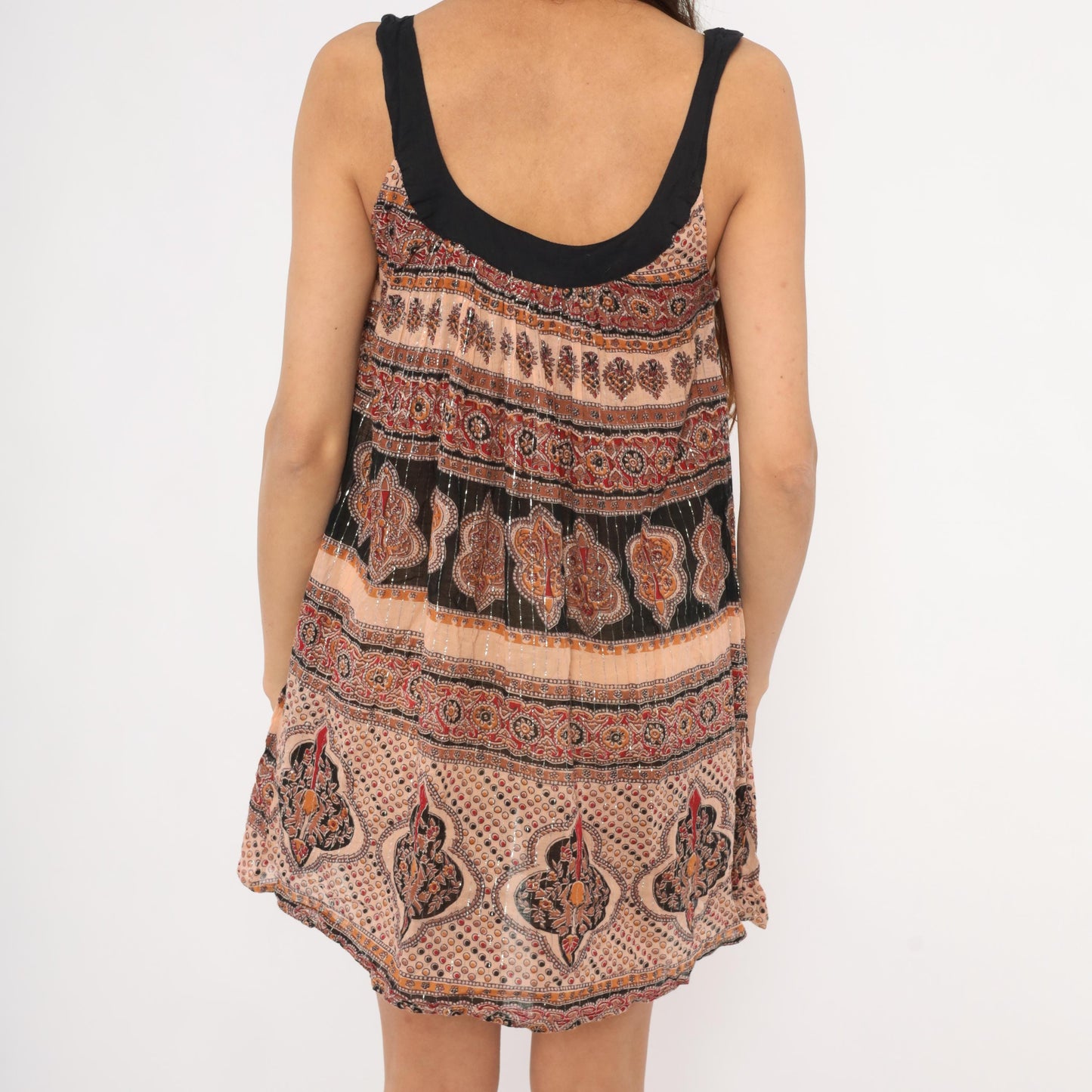 Y2K Bakul Indian Block Print Mini Dress Paisley Black Burgundy Small