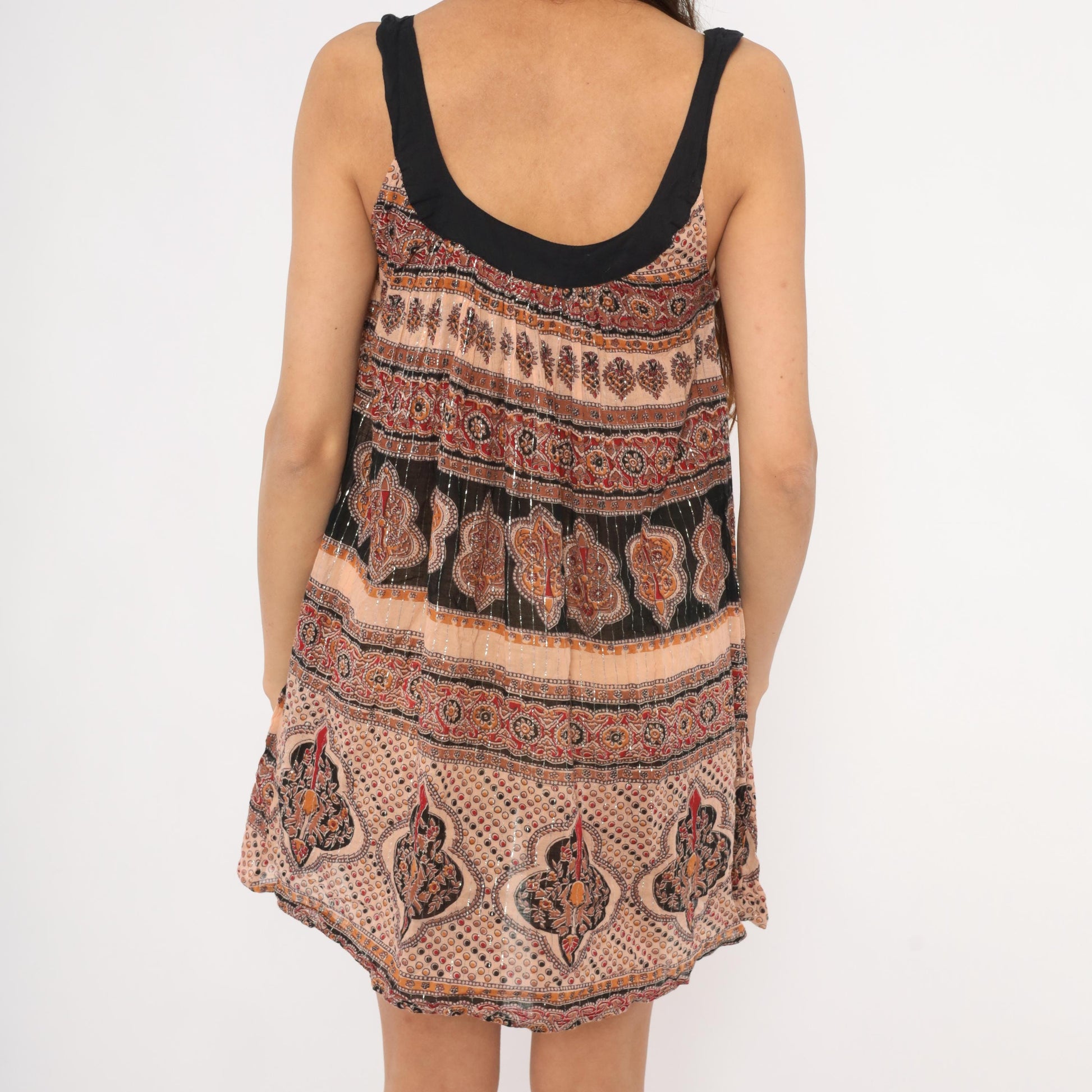 Y2K Bakul Indian Block Print Mini Dress Paisley Black Burgundy Small