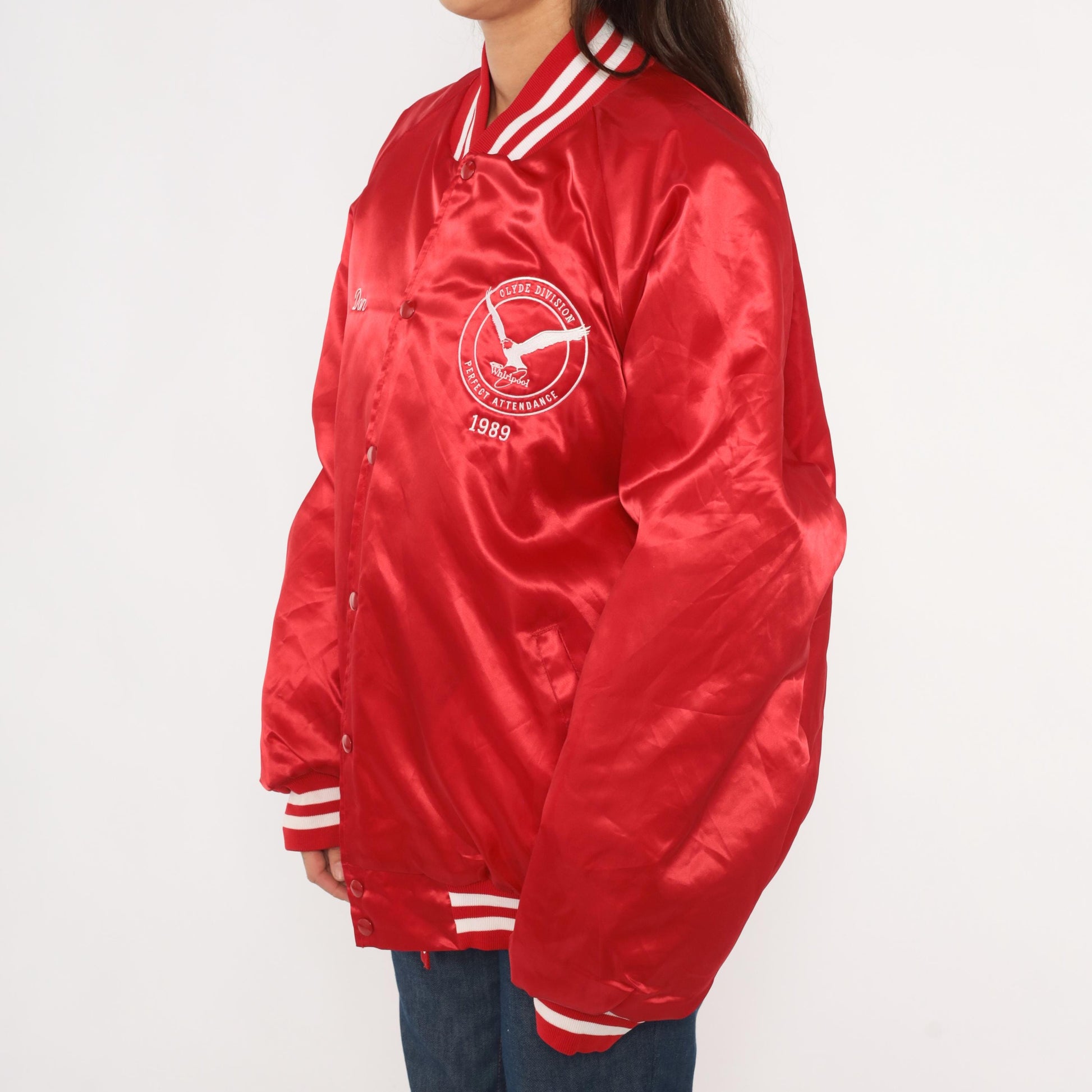 80s Red Satin Bomber Jacket Eagle Embroidered Snap Button Quilted Lining Plus Size 3XL