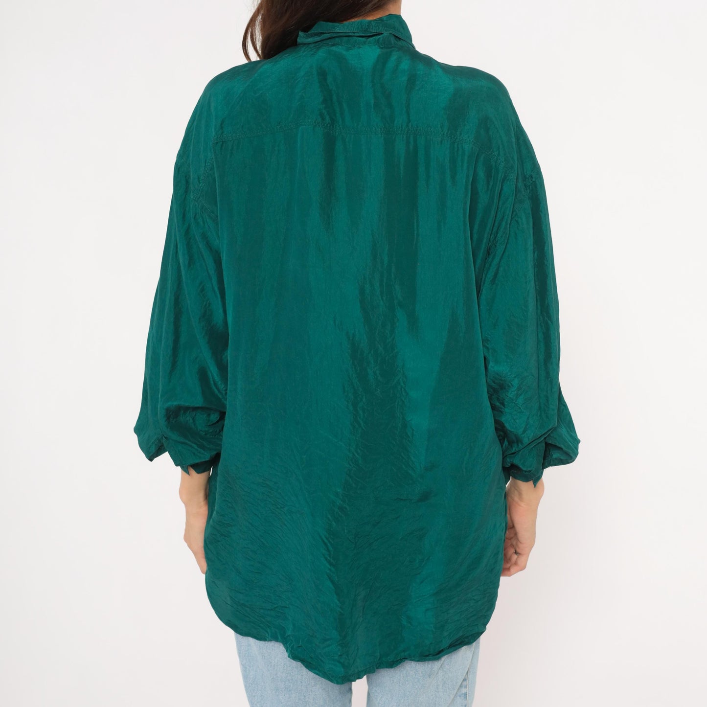 90s The Limited Teal Silk Button Shirt Camp Collar Balloon Sleeve Small