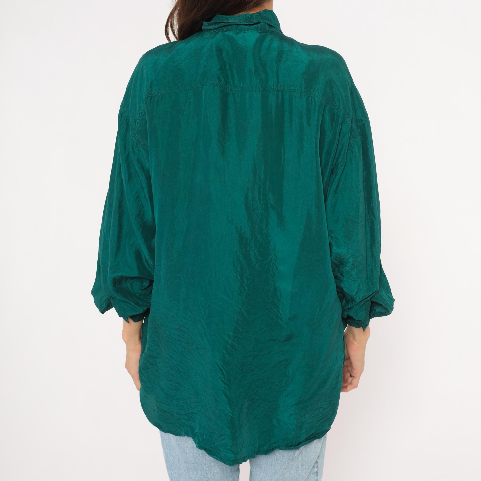 90s The Limited Teal Silk Button Shirt Camp Collar Balloon Sleeve Small