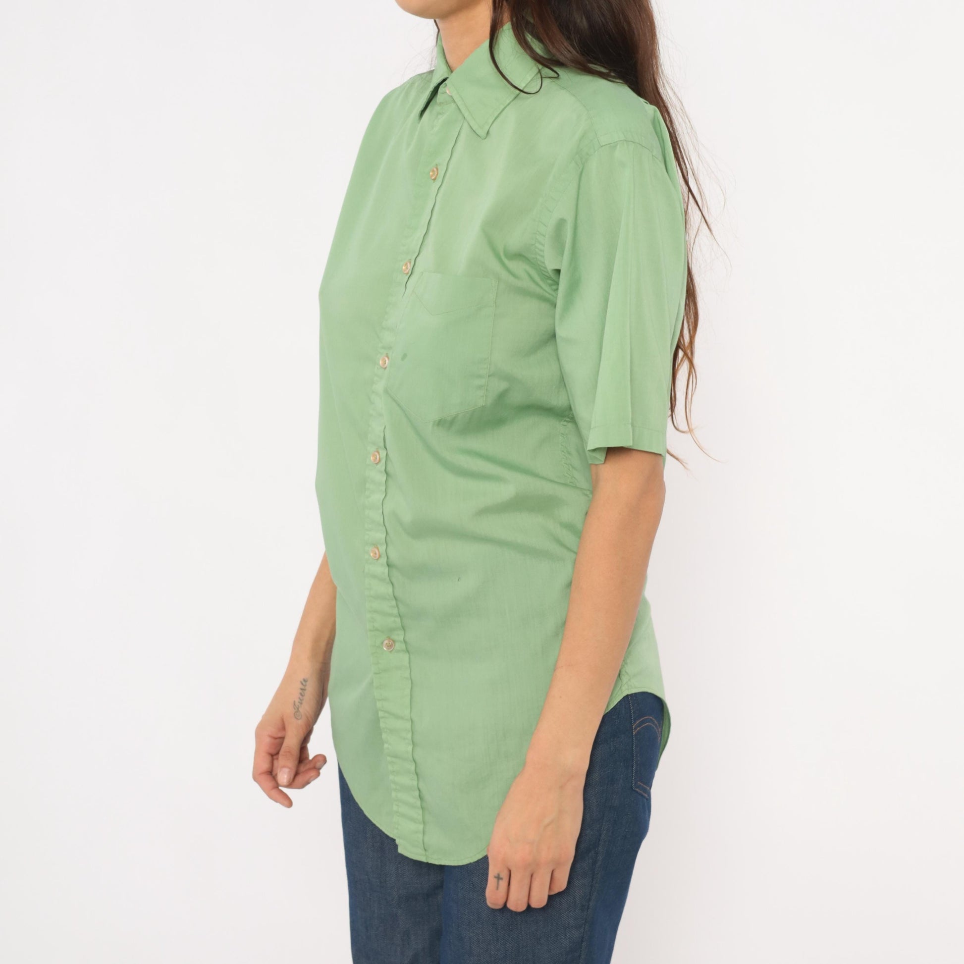 70s Mossini Sage Green Button Down Shirt Short Sleeve Pointed Collar Small