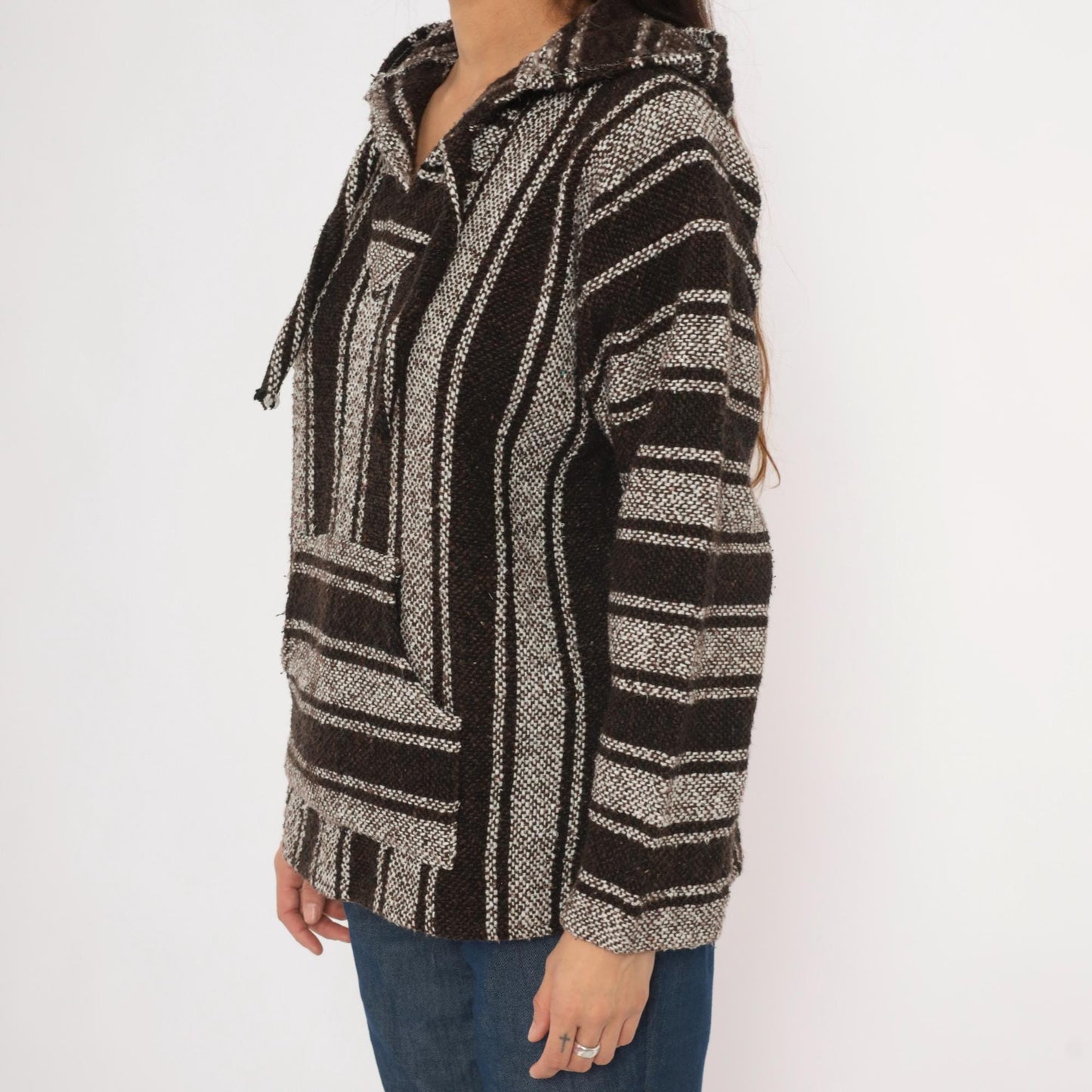 90s Sandy Baja Hoodie Brown White Striped Woven Pullover Medium