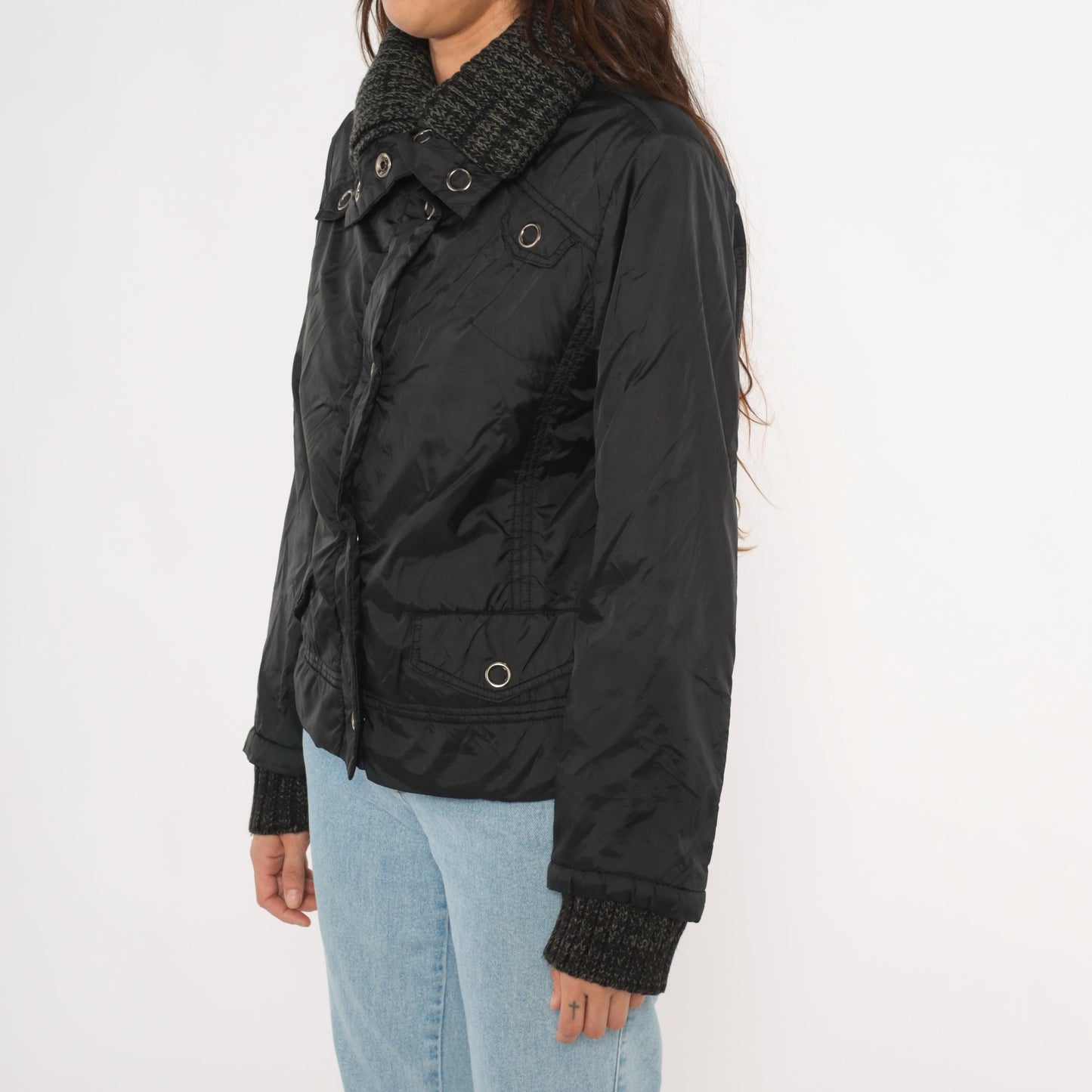 Y2K Dollhouse Black Bomber Jacket Snap Front Knit Collar Cropped Medium M