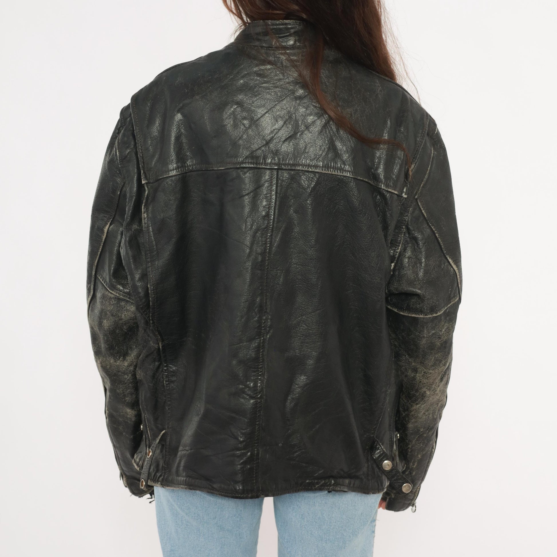 90s Unik Leather Cafe Racer Jacket Black Moto Coat Heavy Weight Extra Large