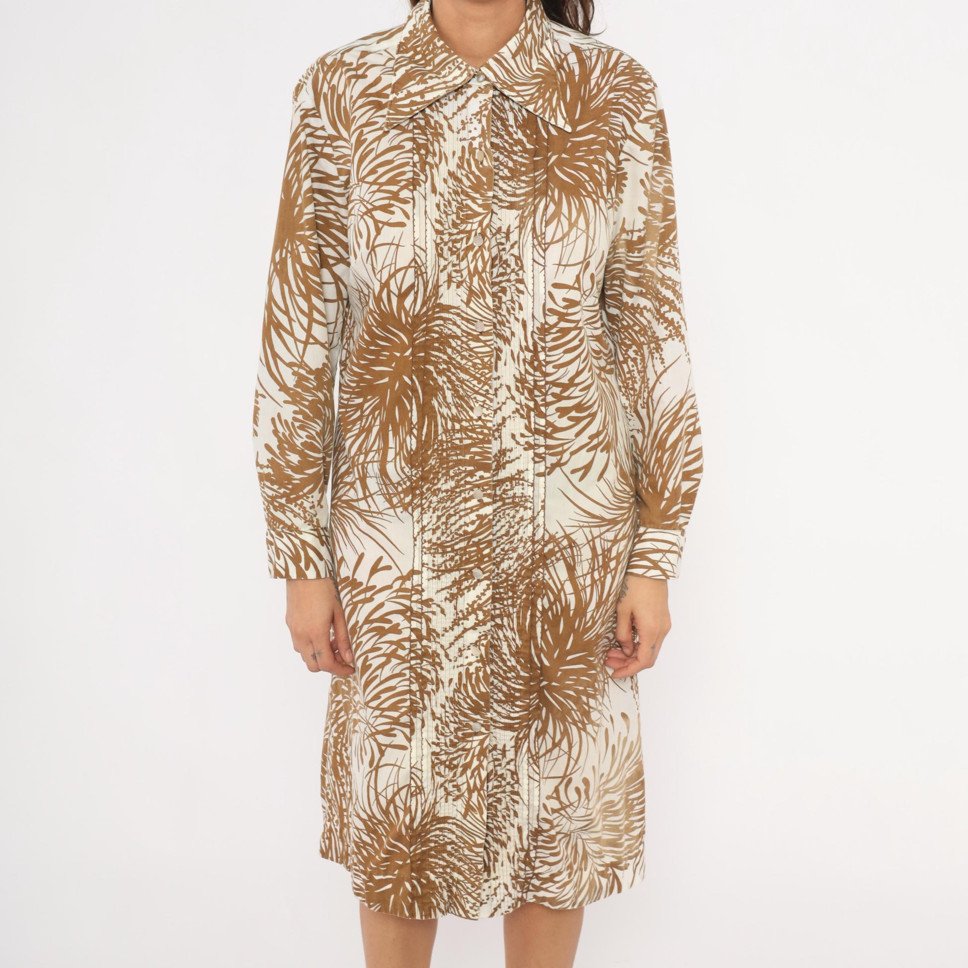 70s The Spectator Tropical Print Shirt Dress Brown Cream Knee Length Large L