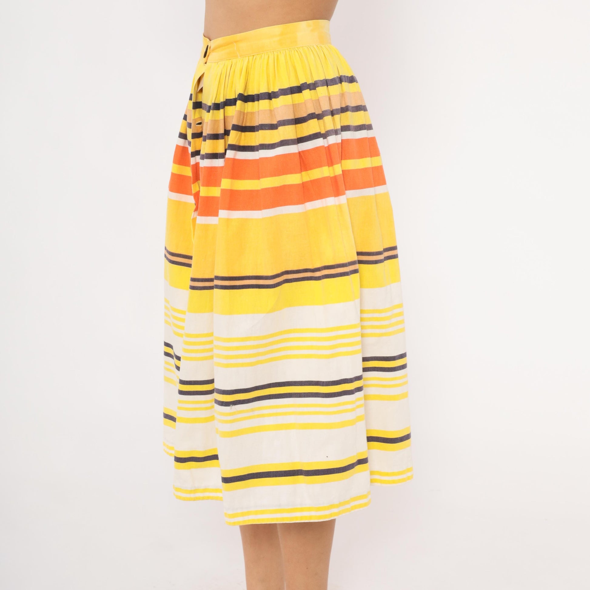70s Striped Button Front Midi Skirt Yellow Orange Cotton Gathered Waist Small