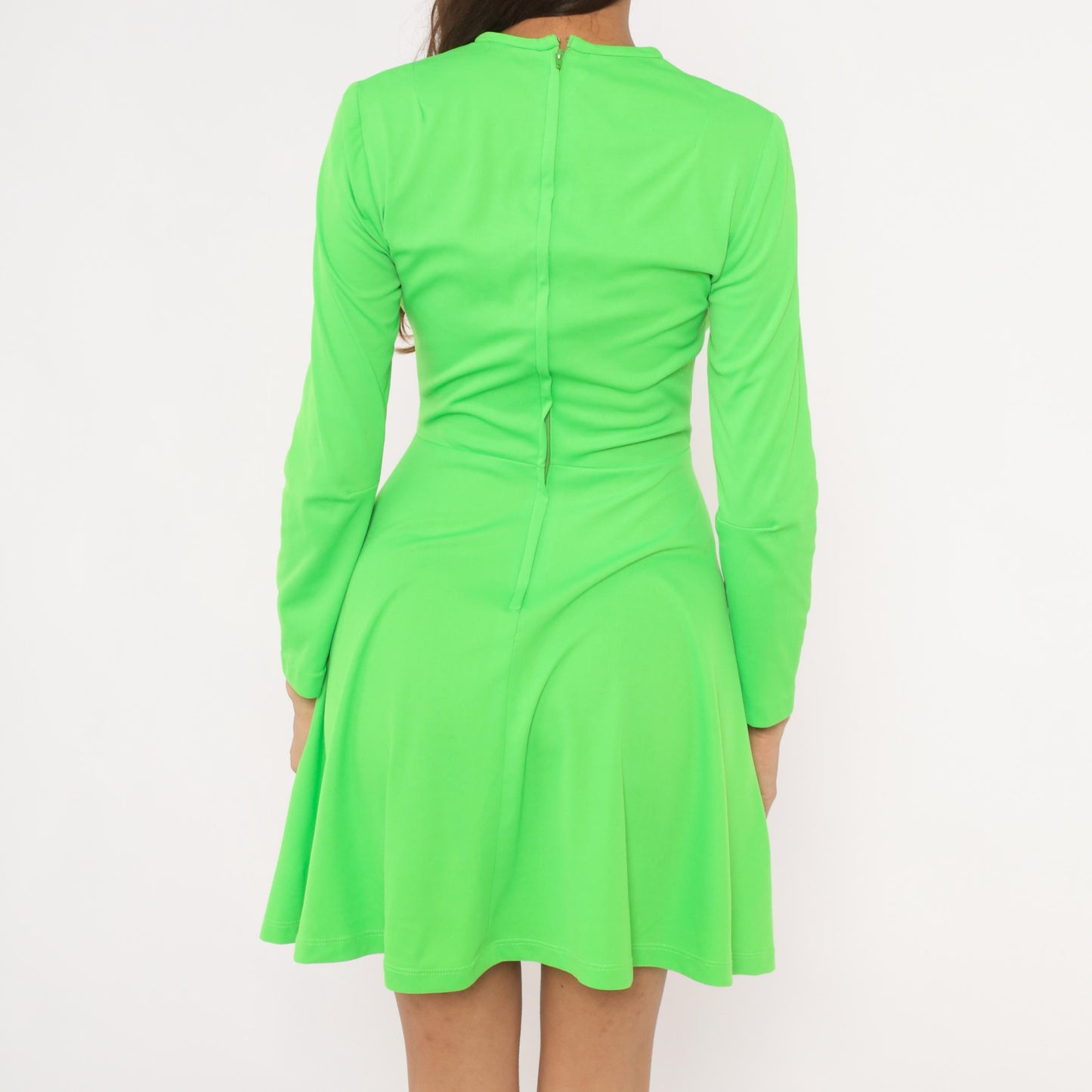 1970s Elegant Miss California Neon Green Mini Dress Long Sleeve A-Line Small S