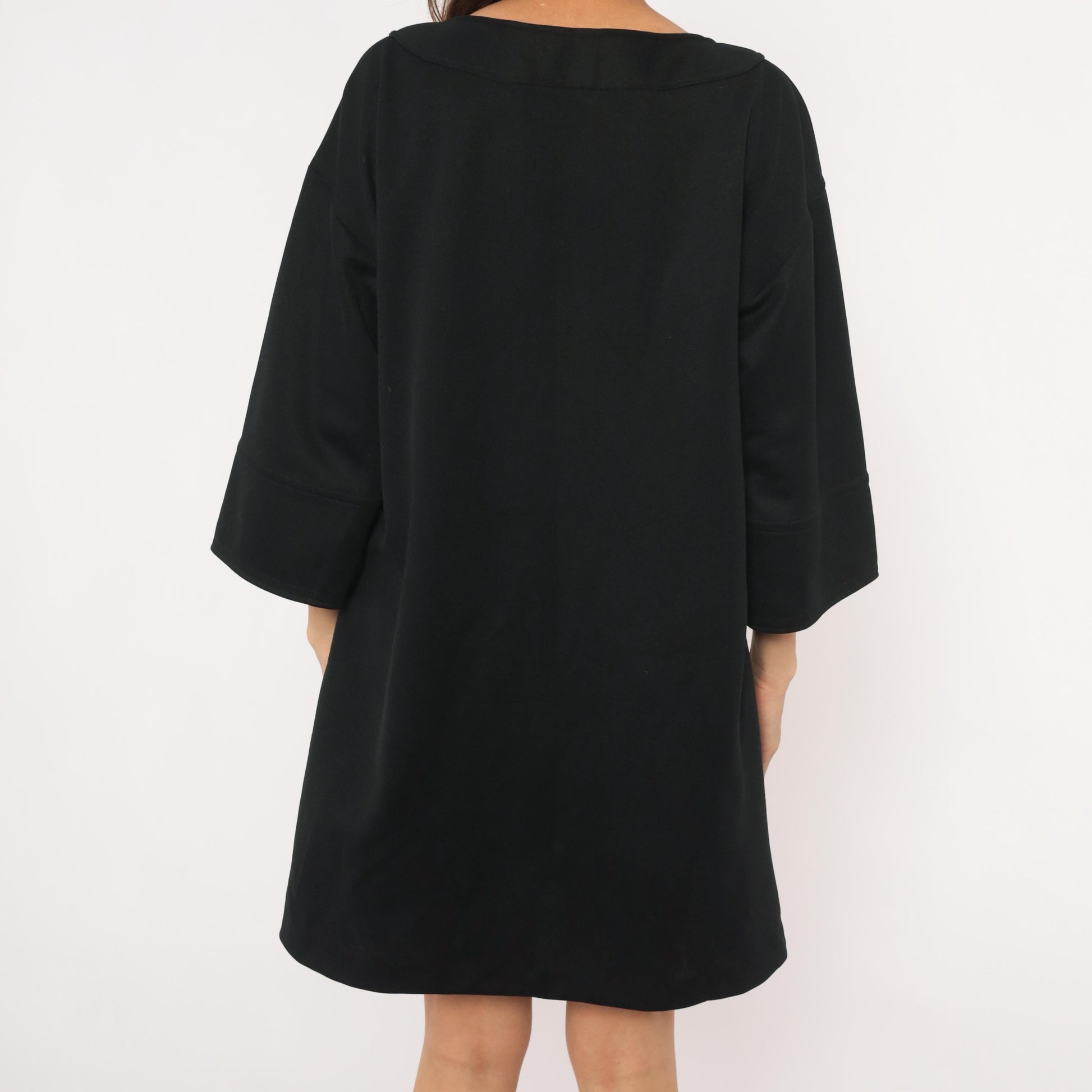 70s Black Shift Dress Lace-Up Neckline Bell Sleeve Patch Pockets Extra Large XL
