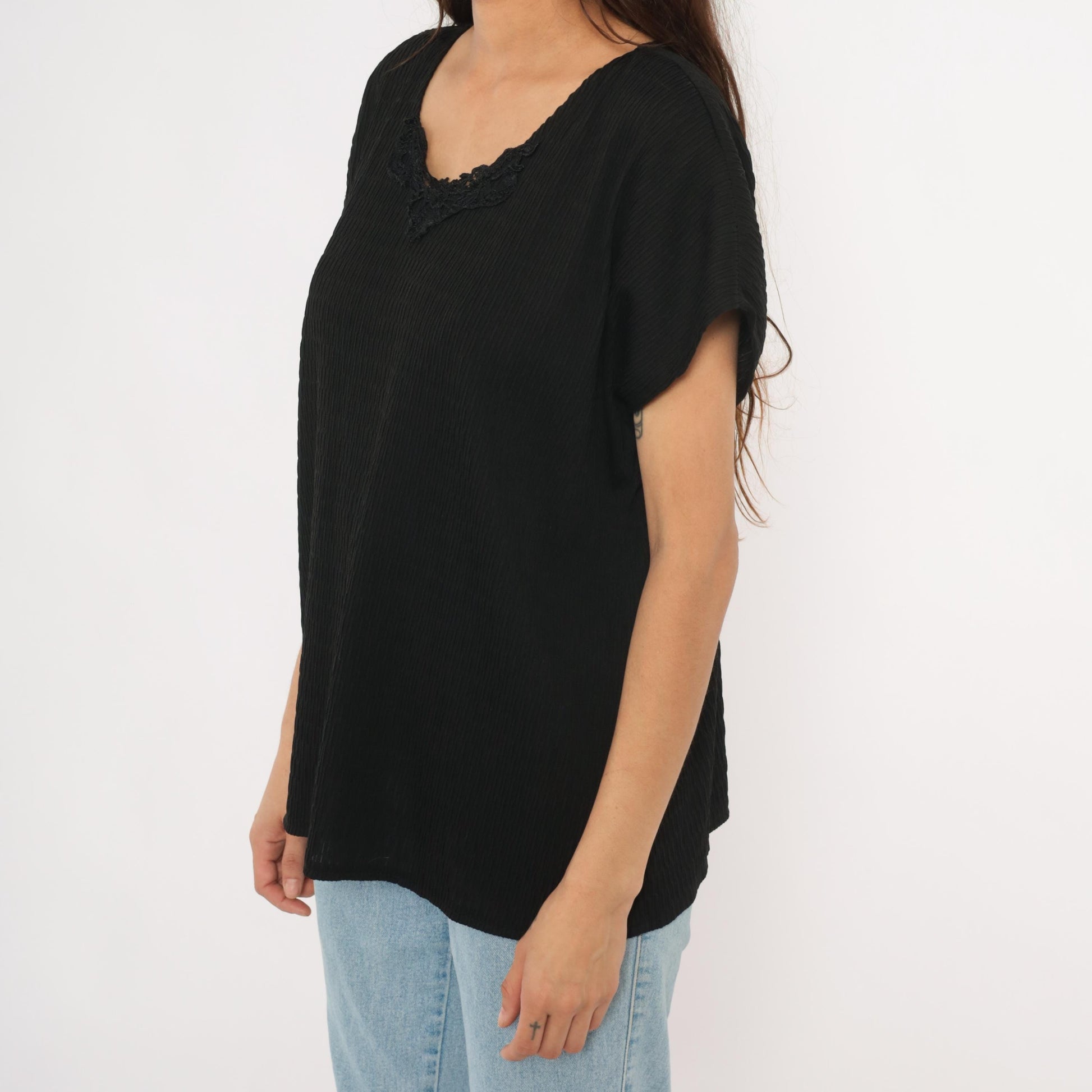 90s Copy Cats Black Lace Neckline Blouse Dolman Sleeve Tunic Extra Large XXL