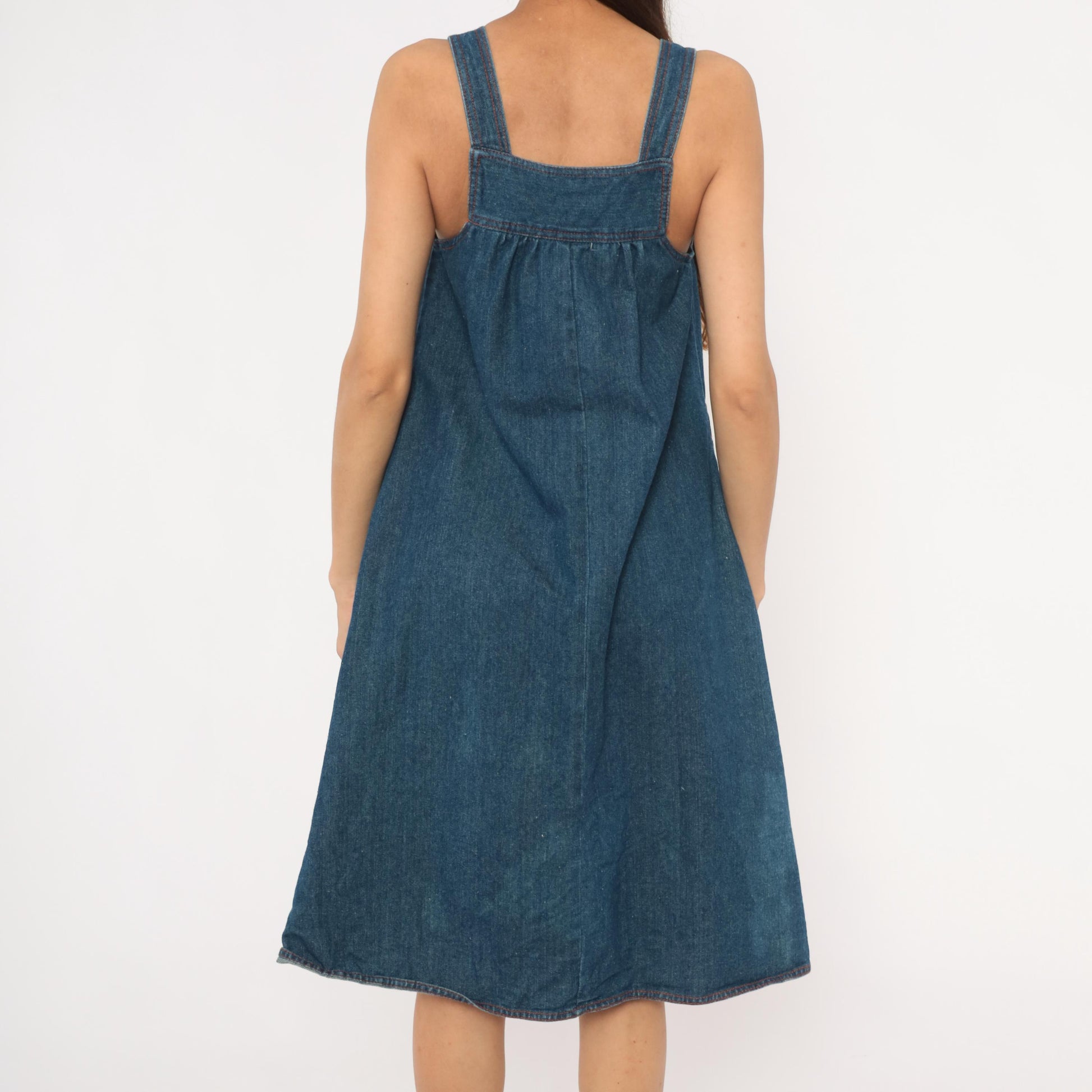 70s Joni Blair Denim Jumper Dress Blue Embroidered Pinafore XS