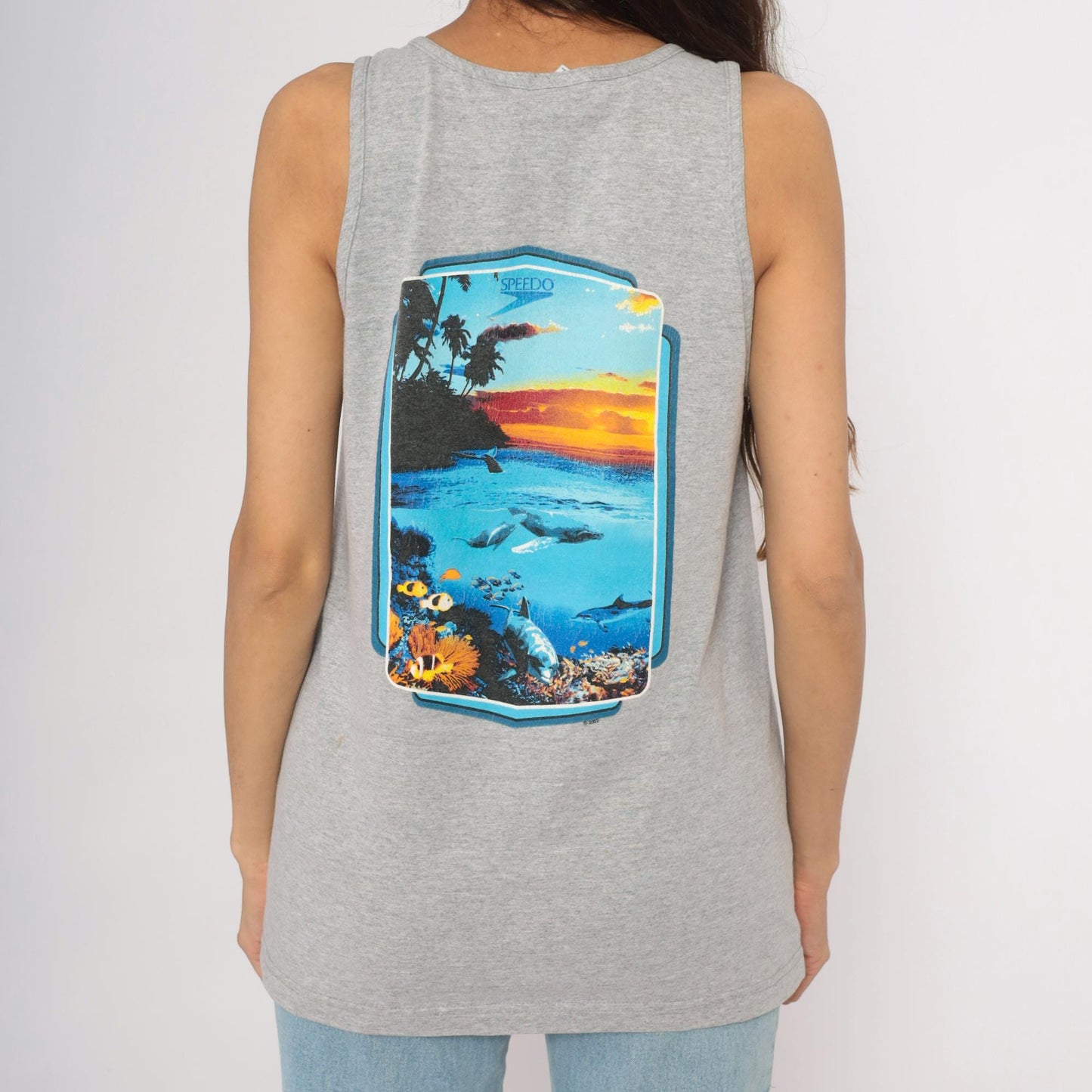 90s Speedo Tank Top Heather Grey Tropical Ocean Graphic Cotton Medium