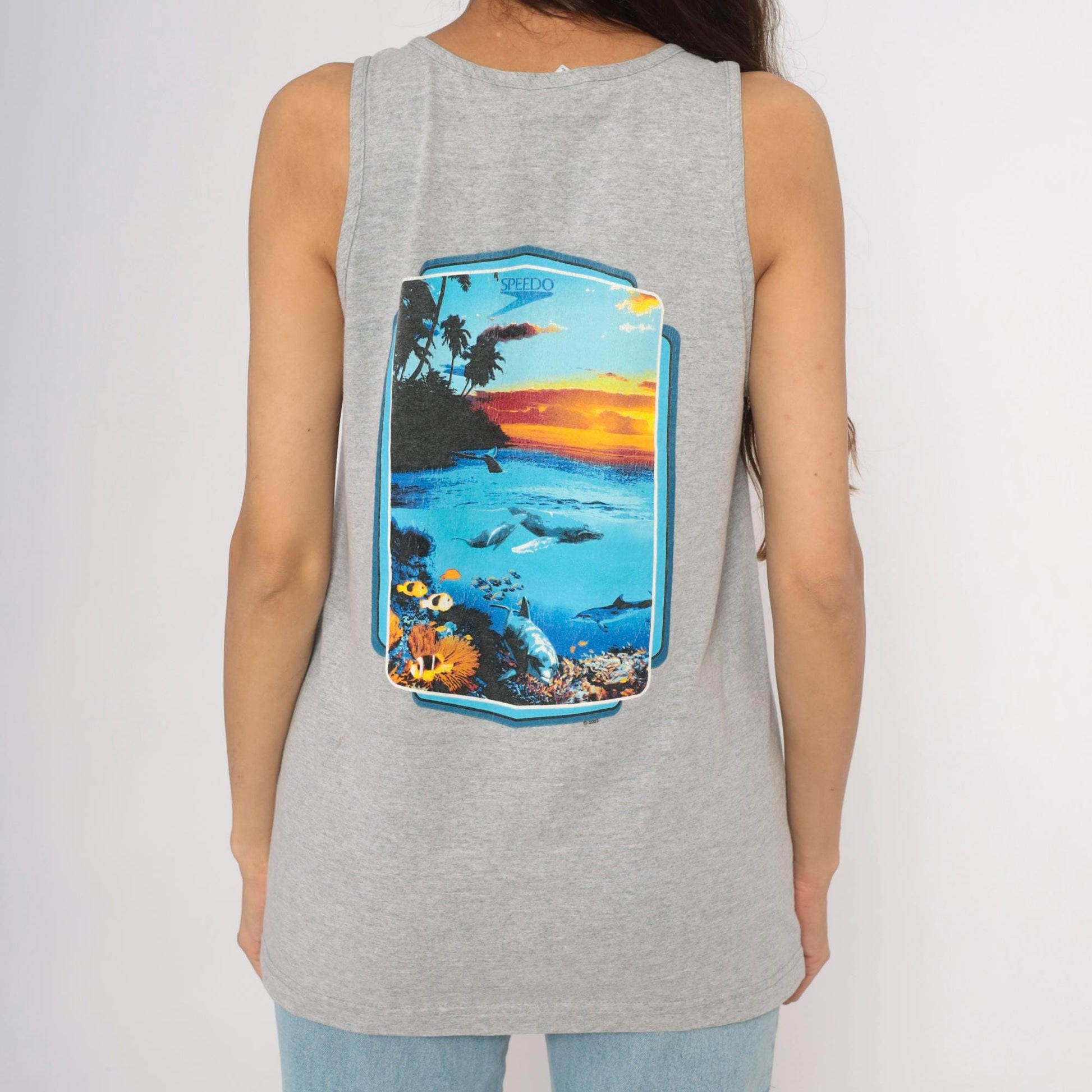 90s Speedo Tank Top Heather Grey Tropical Ocean Graphic Cotton Medium